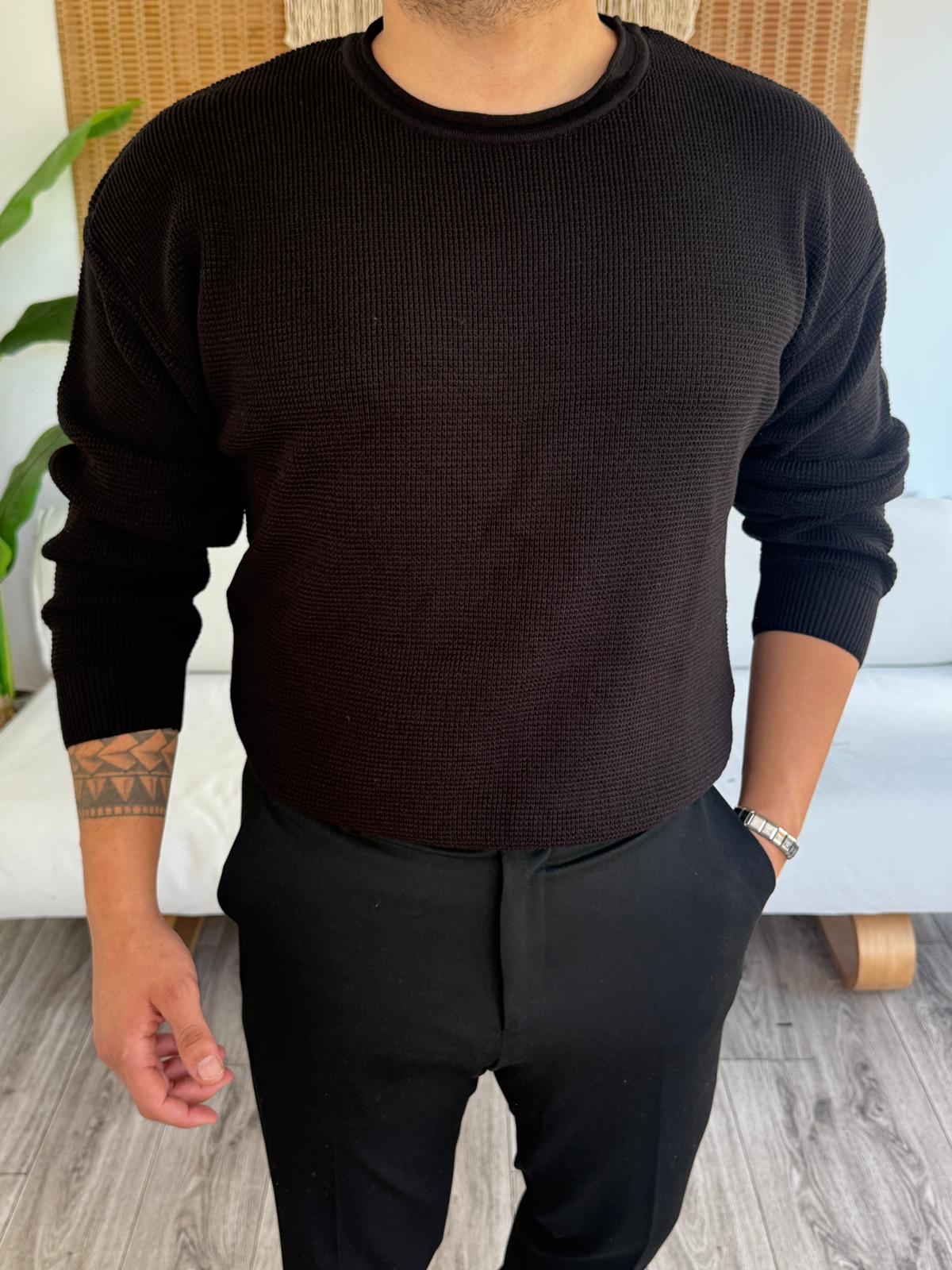 Geniş Yaka Örme Triko Kazak - Siyah
