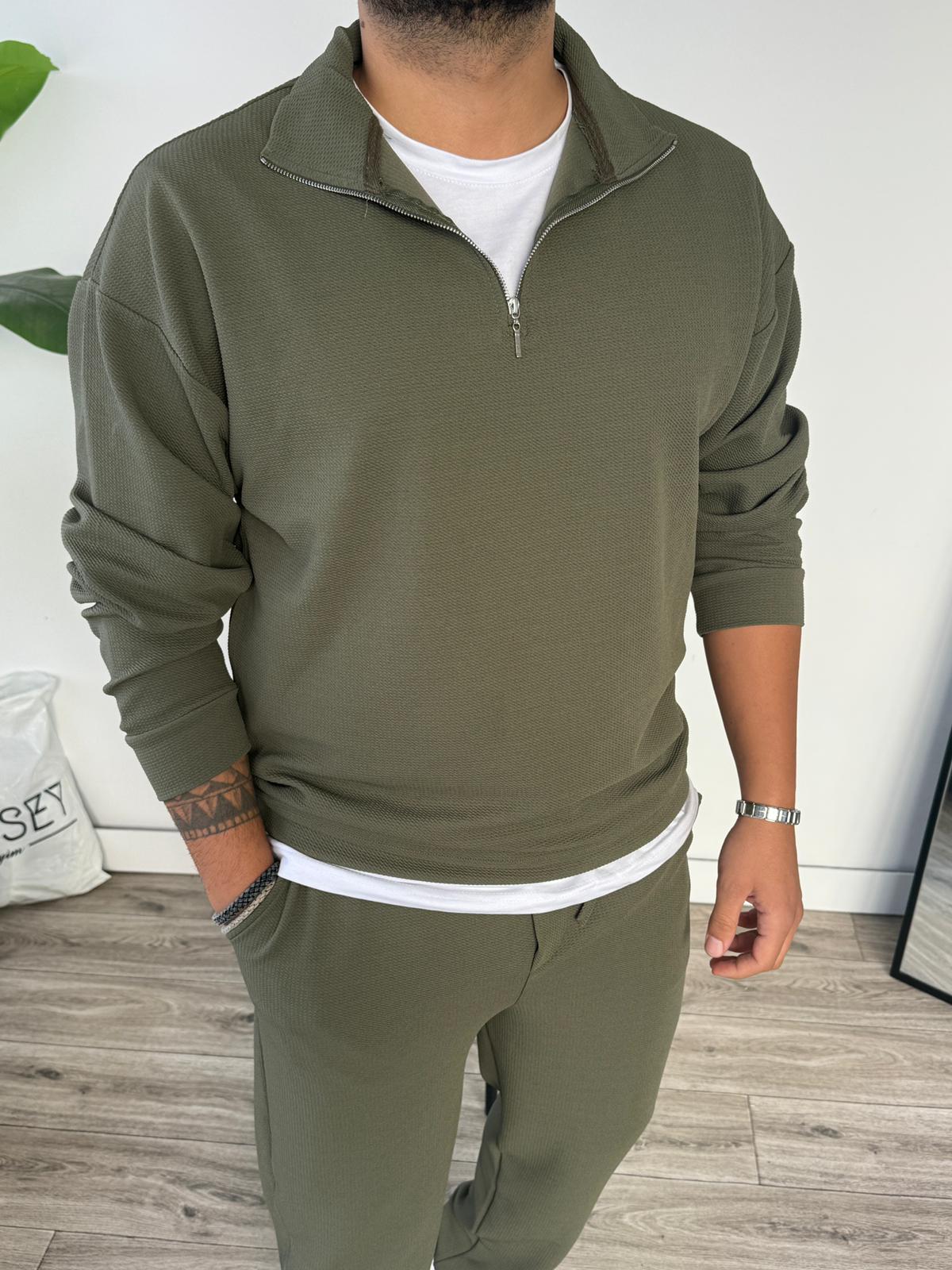 Petek Örme Alt Üst Yarım Fermuarlı Takım - Haki Yeşili