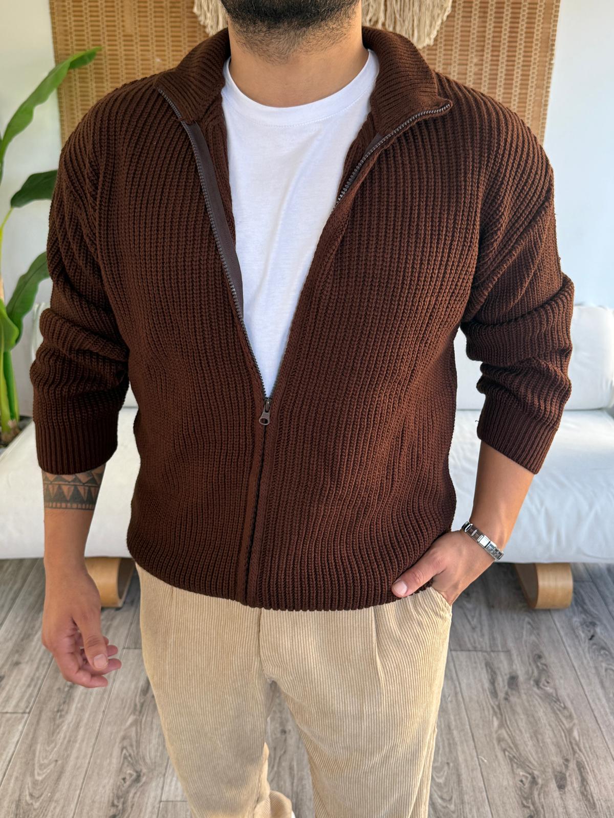 Tam Fermuar Kapamalı Triko Hırka - Kahverengi