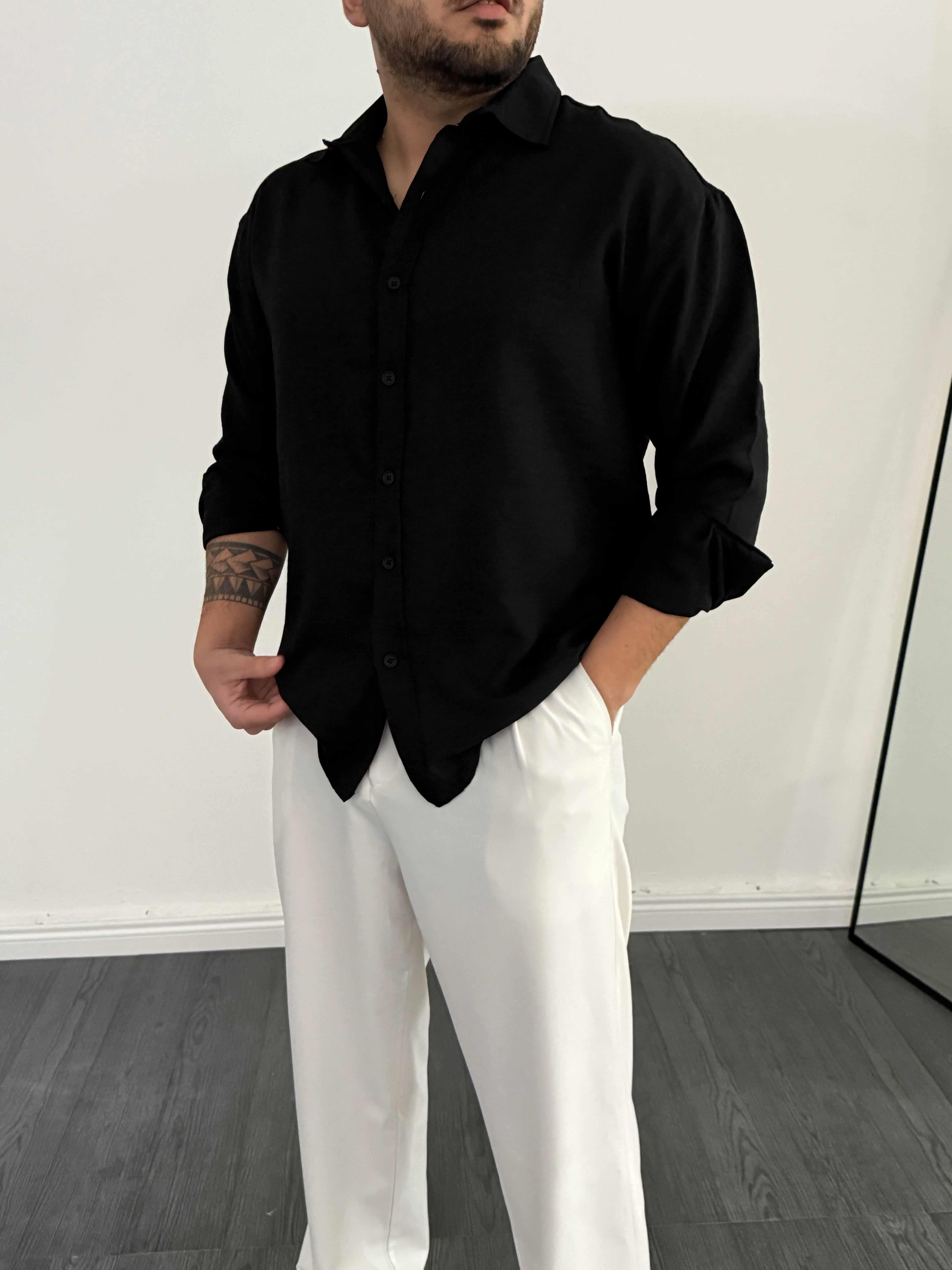 Tam Kalıp Keten Gömlek Siyah