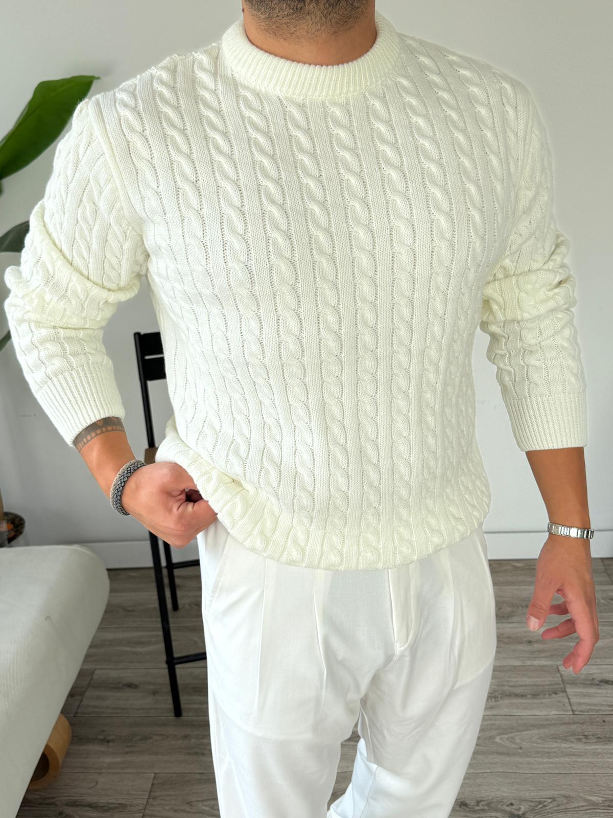 Saç Örgü Bisiklet Yaka Triko Kazak  - Ekru