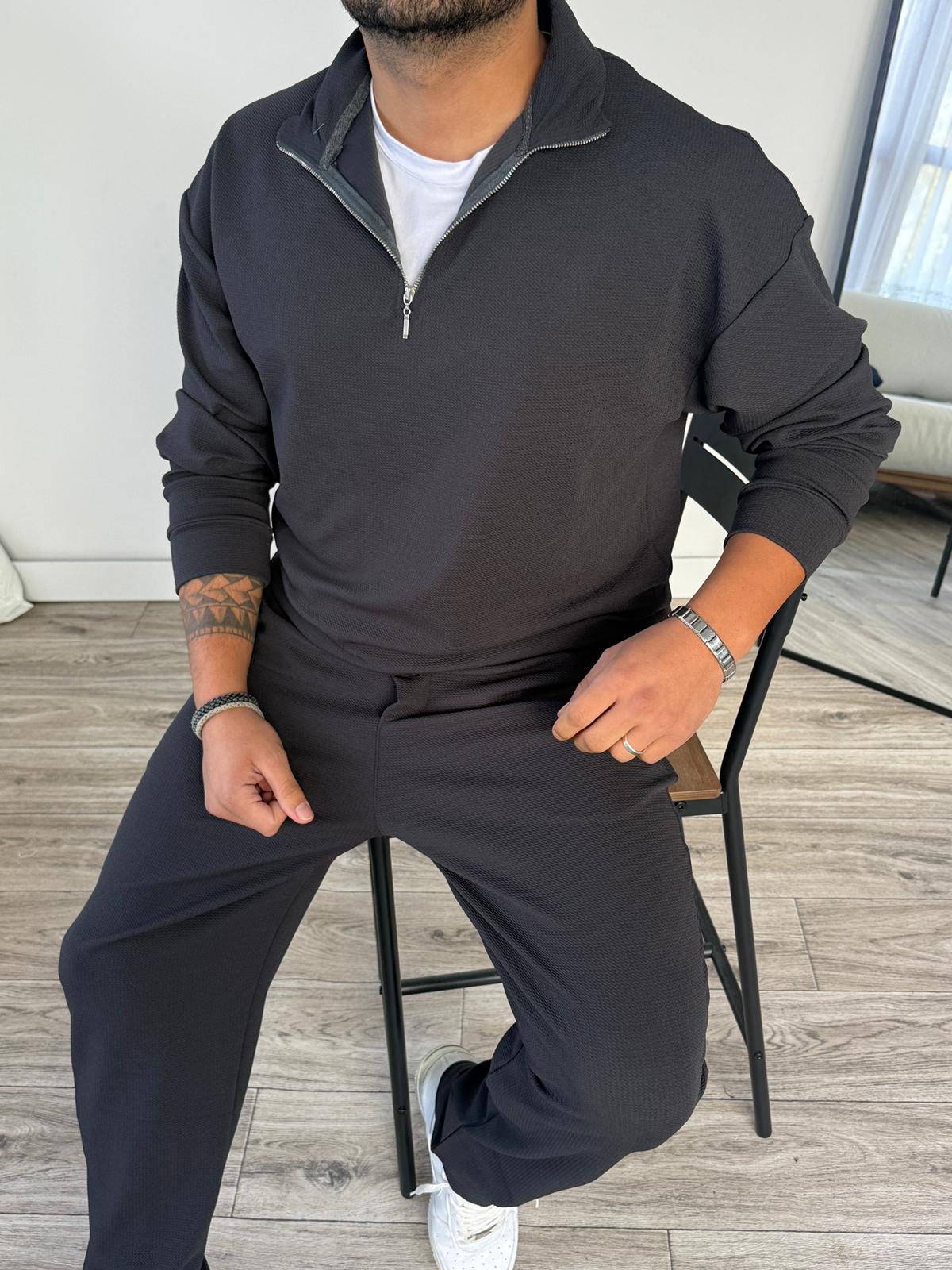 Petek Örme Alt Üst Yarım Fermuarlı Takım - Antrasit