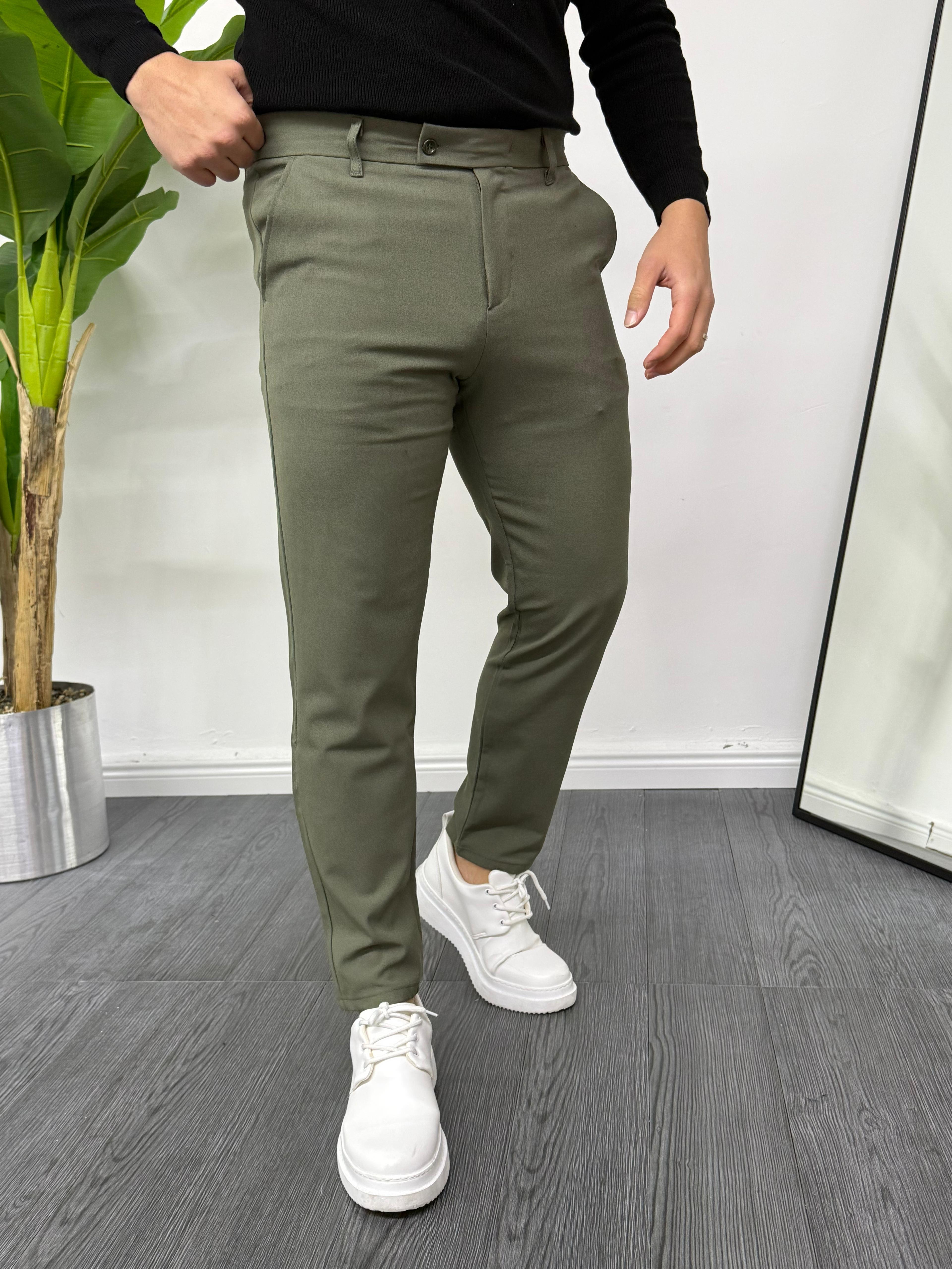 Likralı Slim Fit Dilli Kapama Kumaş Pantolon Yeşil
