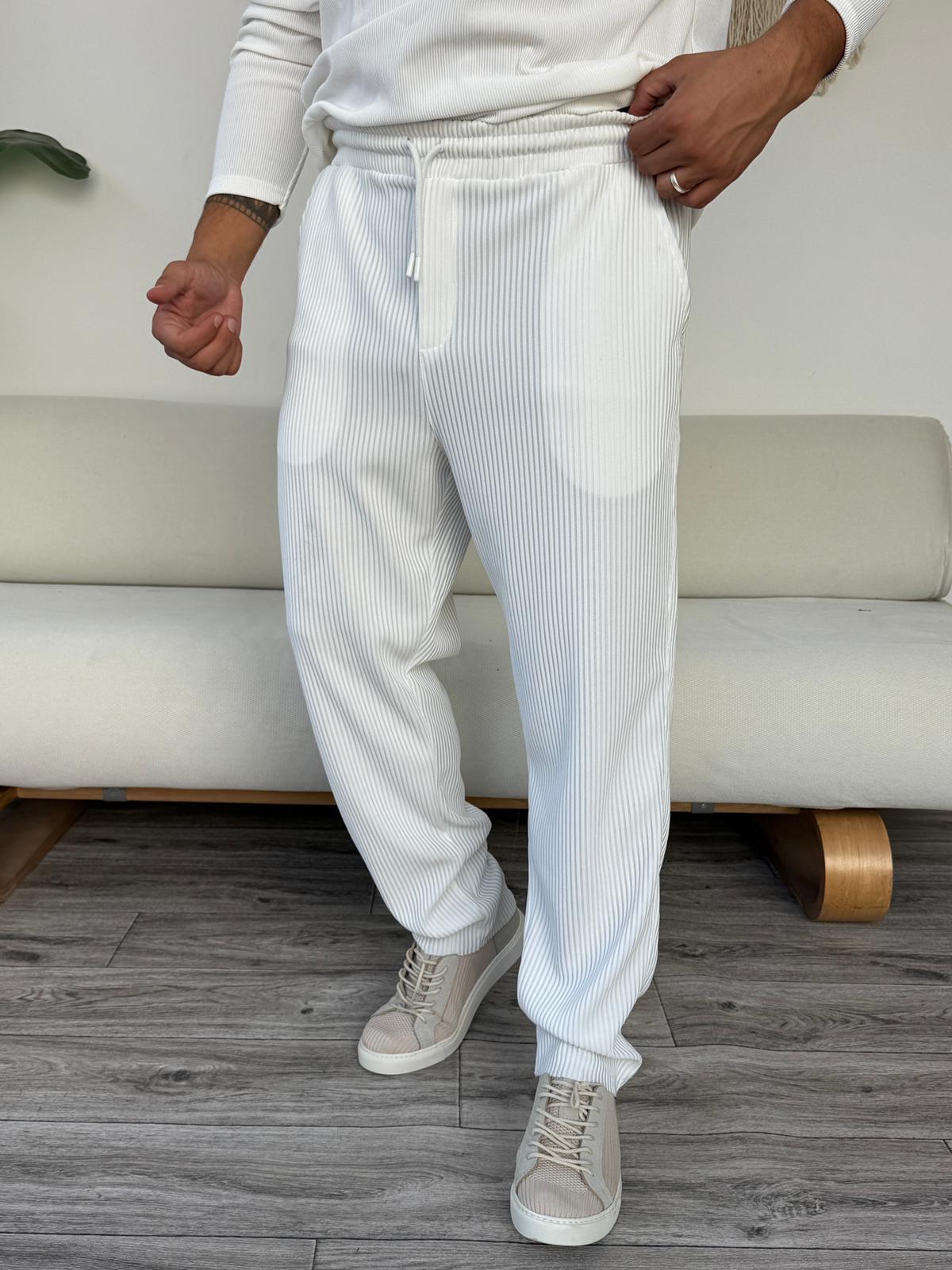 Fitilli Alt Jogger Eşofman  - Beyaz