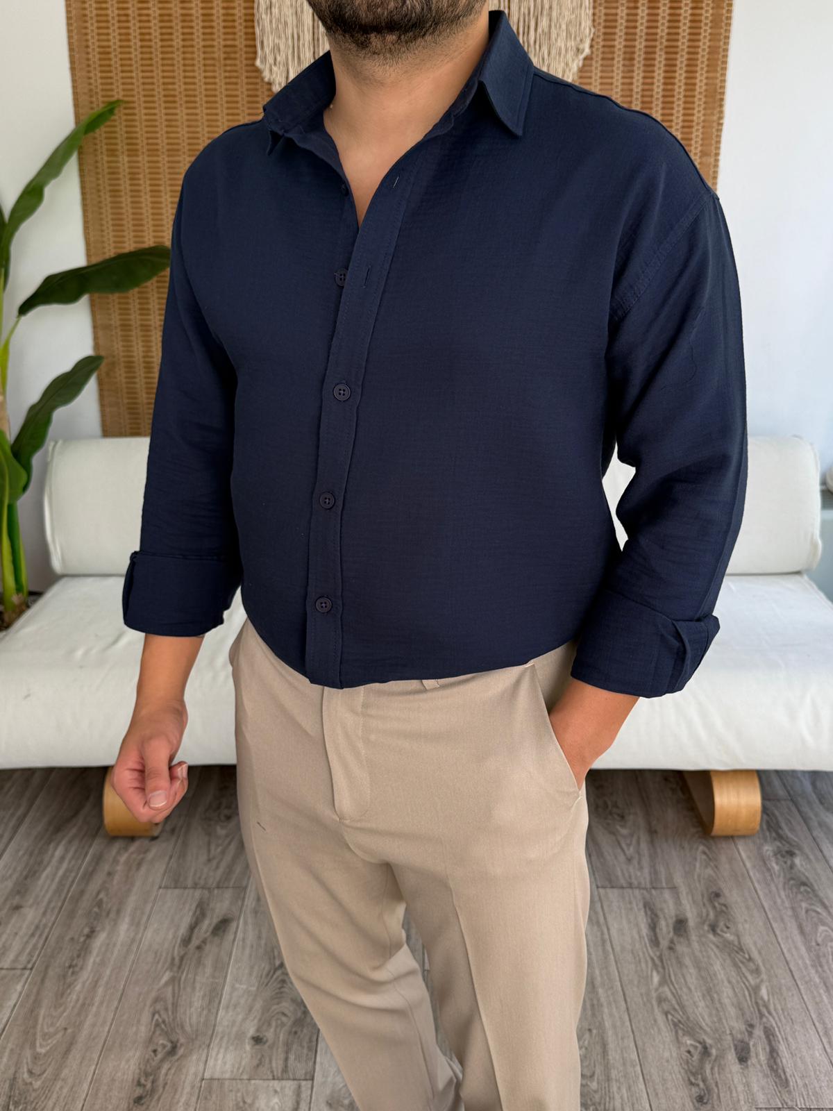 Regular Kalıp Müslin Kumaş %100 Pamuklu Gömlek - Lacivert