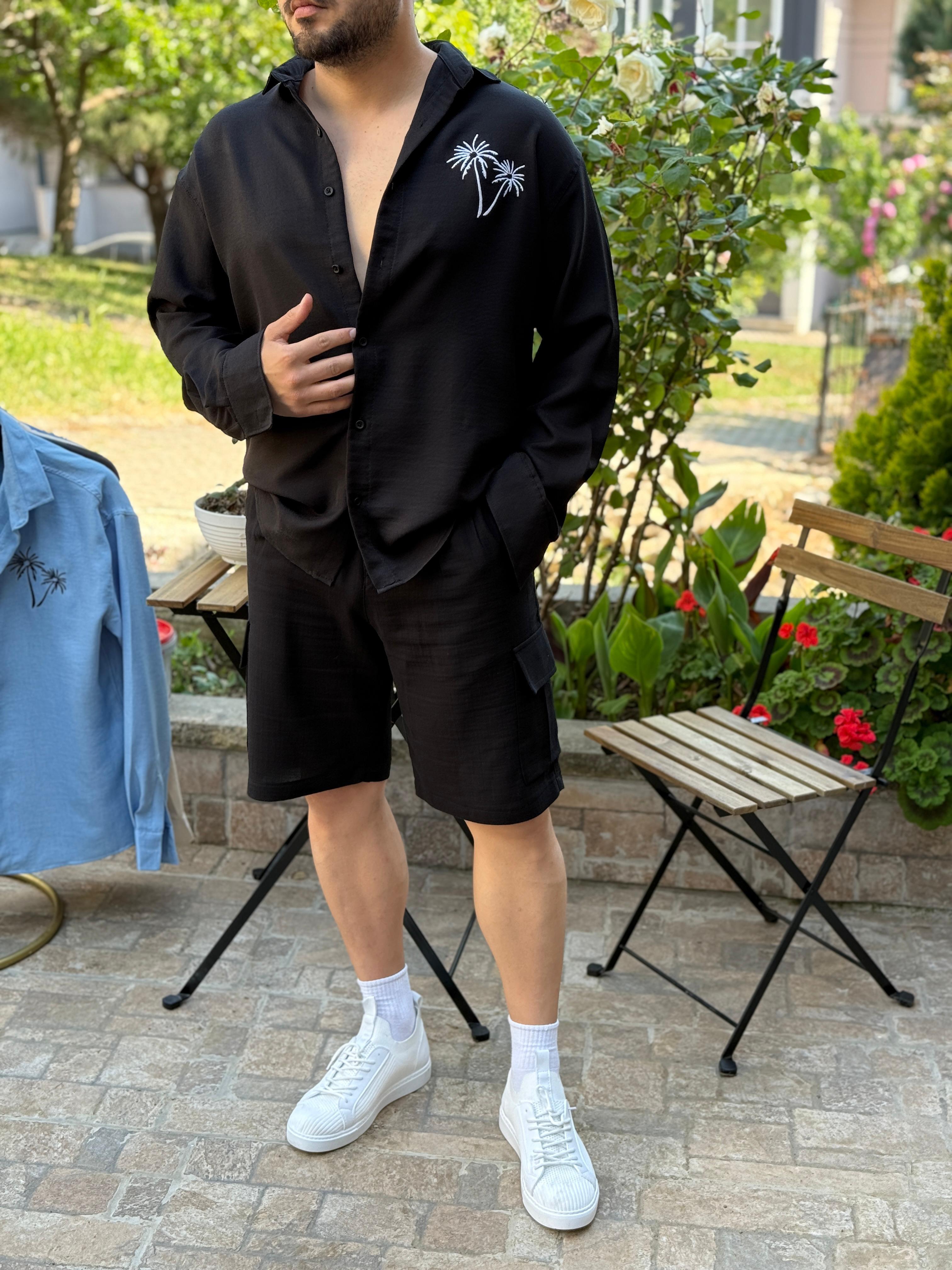 Oversize Palmiye Ağaç Nakışlı Gömlek Siyah