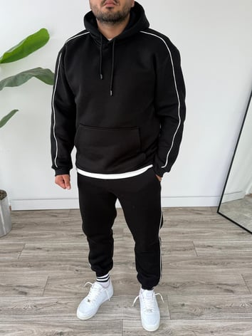 Kapüşonlu Kanguru Cepli Biyeli Alt Üst Takım - Siyah