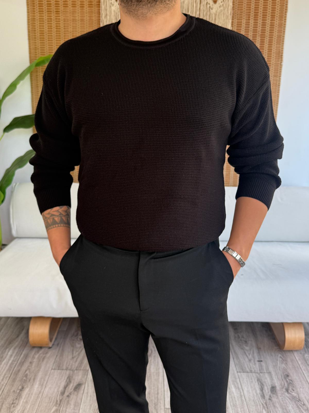 Geniş Yaka Örme Triko Kazak - Siyah
