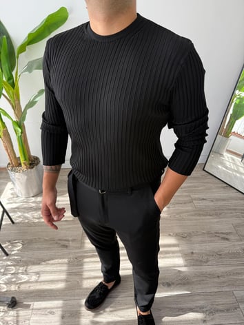 Bisiklet Yaka Fitilli İnce Triko Kazak - Siyah