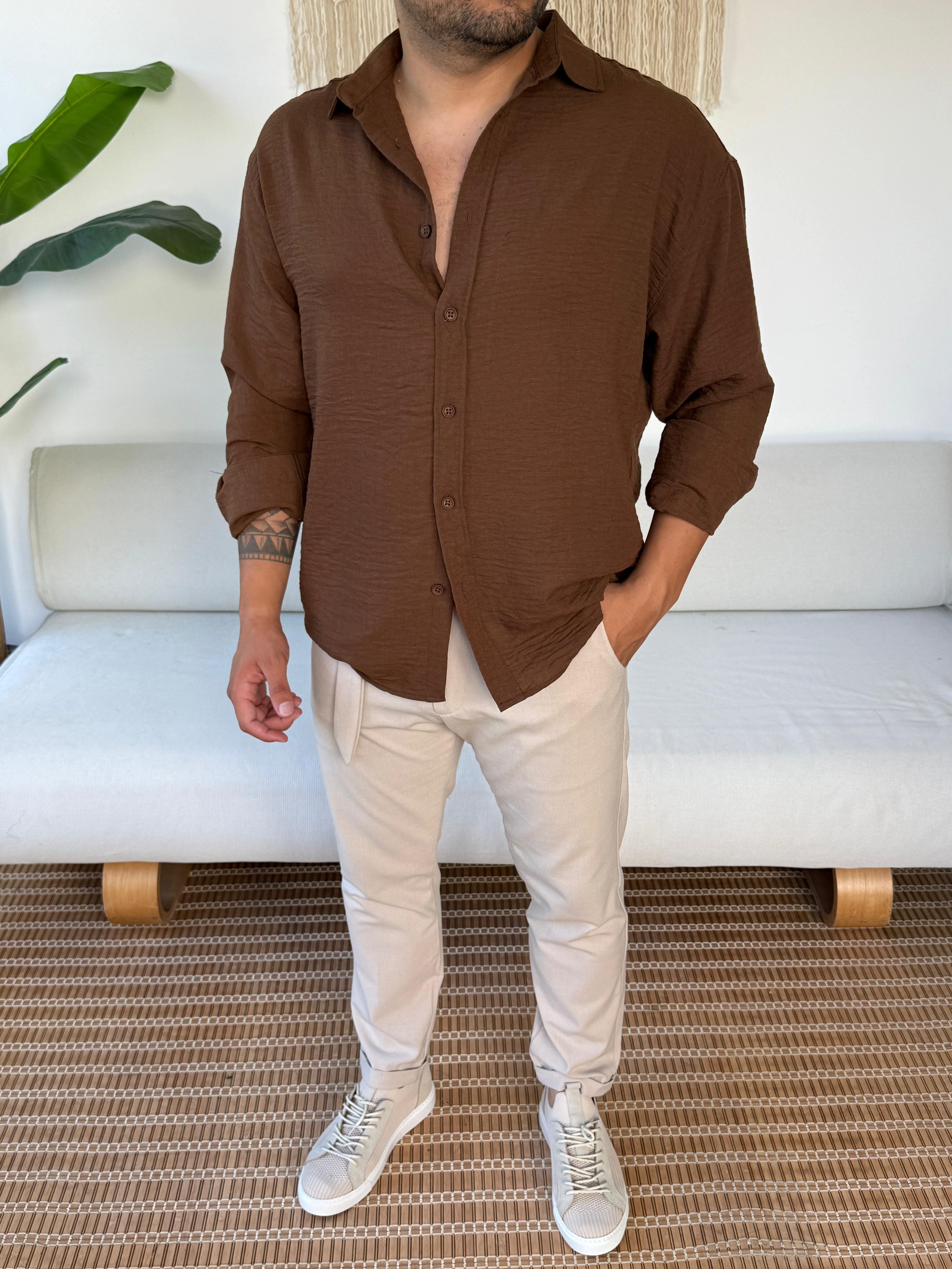 Tam Kalıp Keten Gömlek Acı Kahve