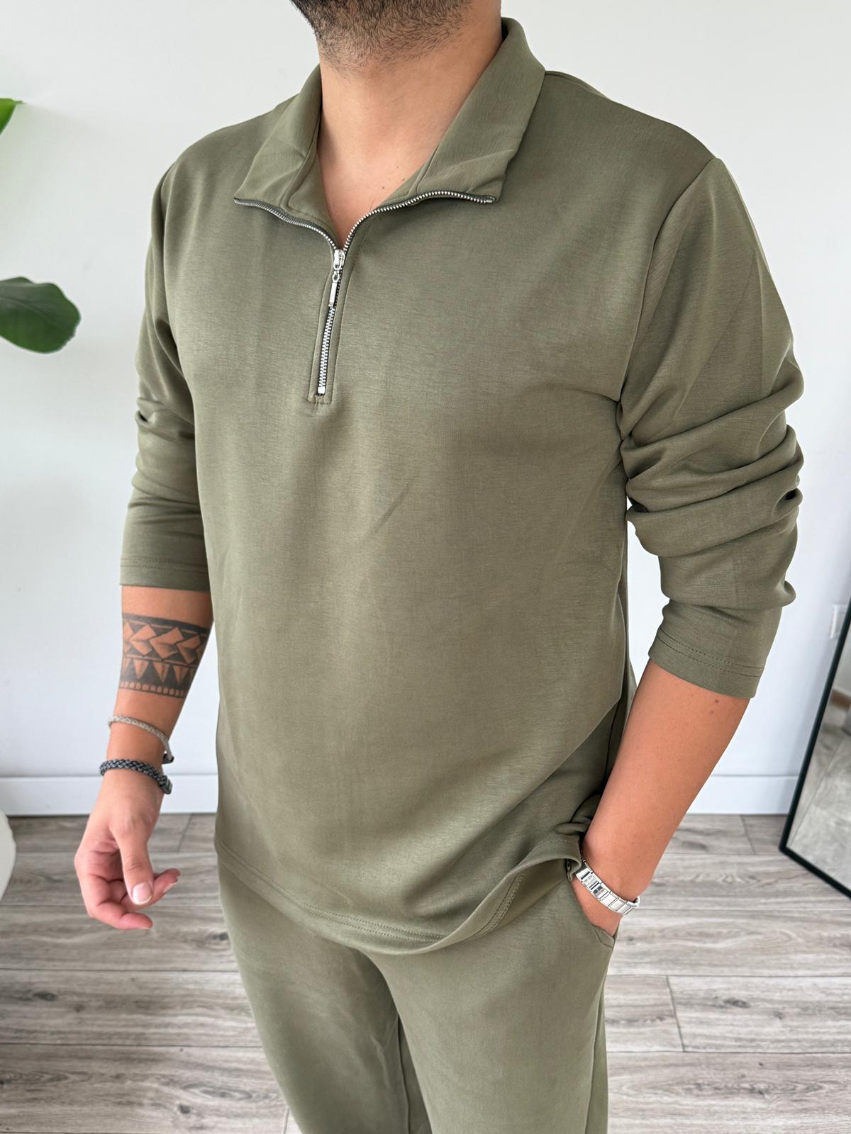 Oysho Kumaş Alt Üst Takım Alt Baggy Üst Yarım Fermuarlı Sweat - Haki Yeşili