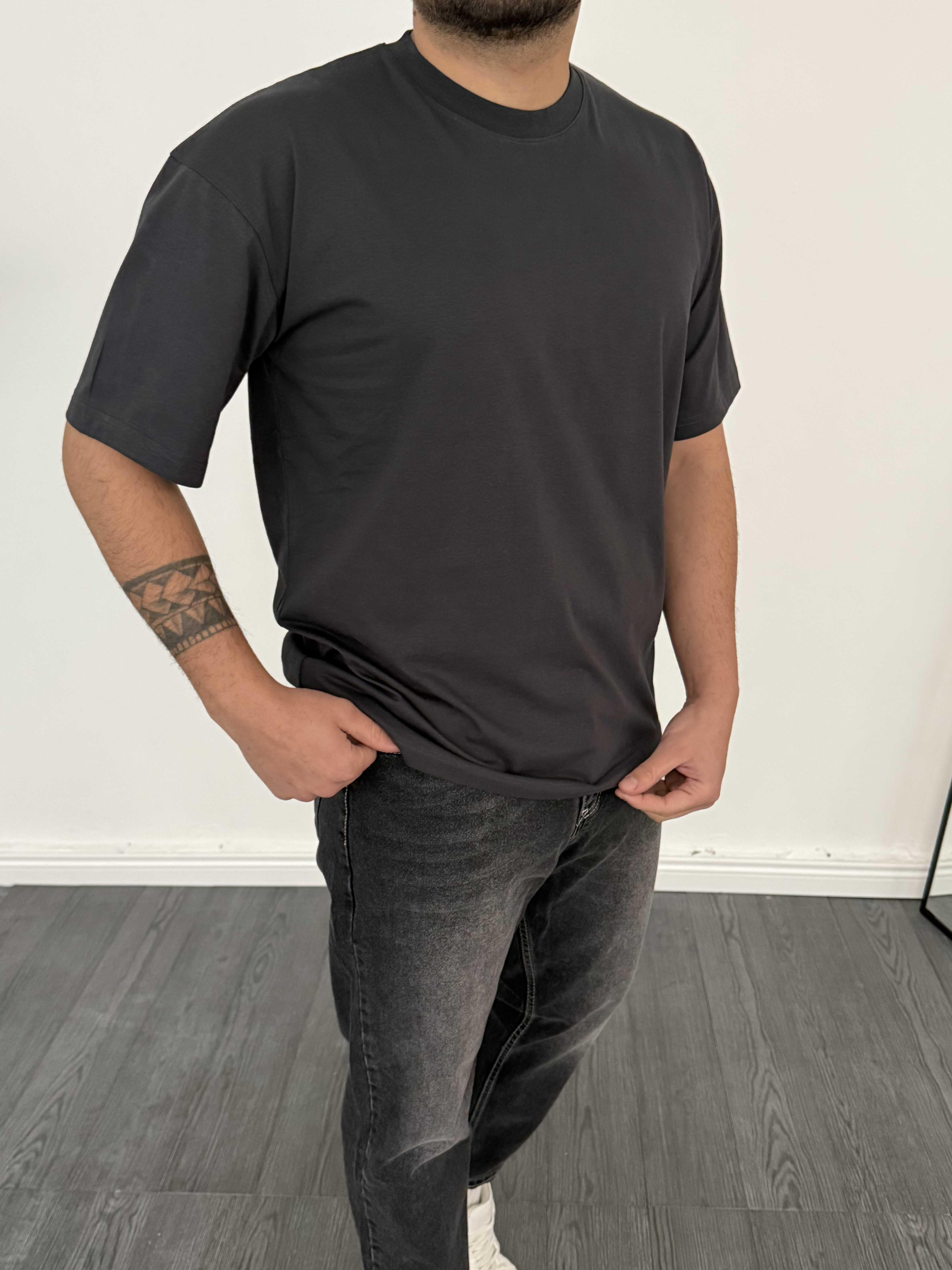 %100 Pamuk Basic Oversize T-Shirt Antrasit