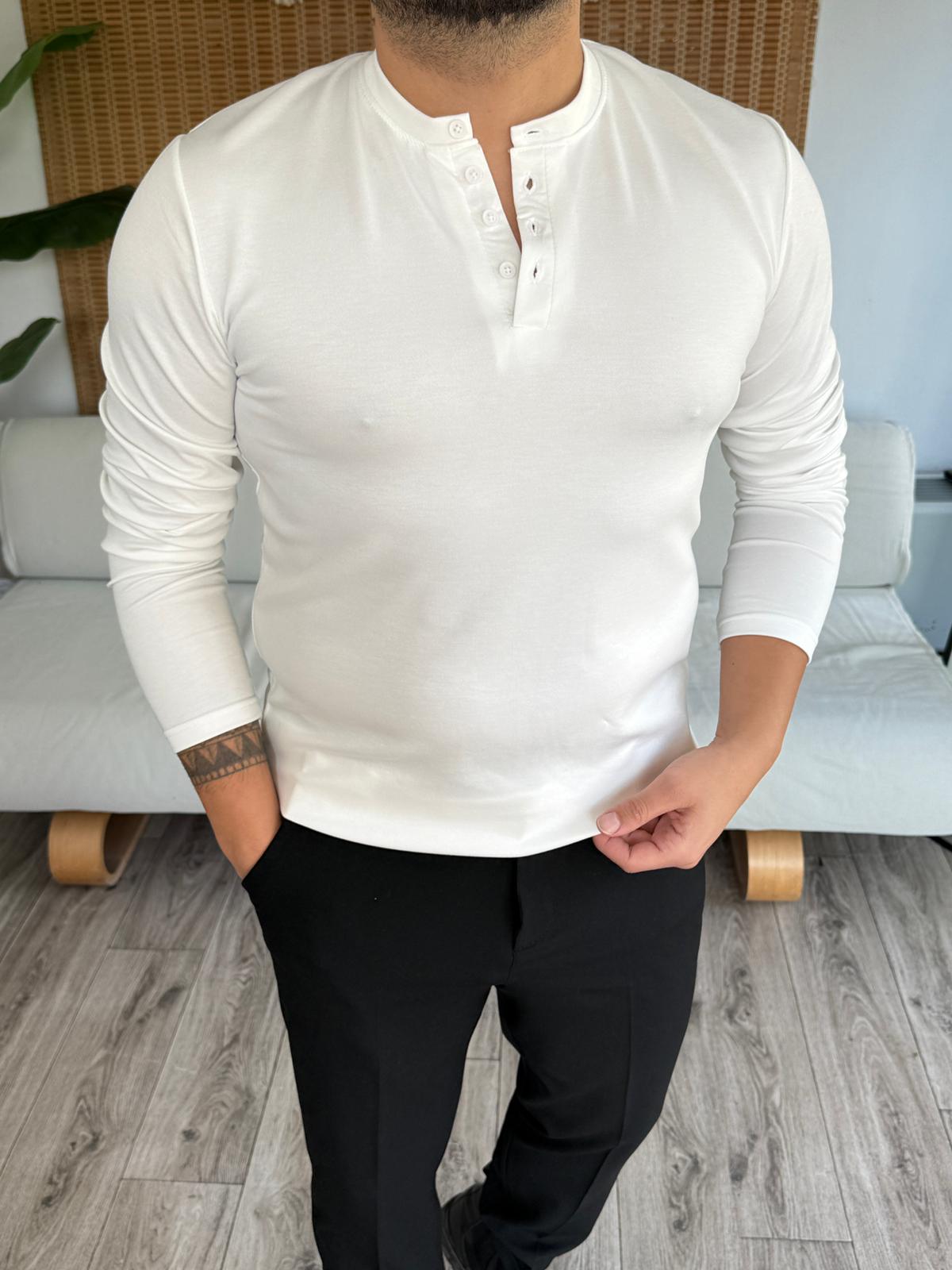 Modal Kumaş Premium Düğmeli Sweatshirt - Beyaz