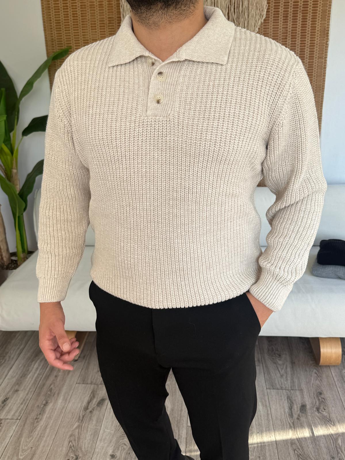 Düğme Kapama Kalın Triko Kazak - Ekru