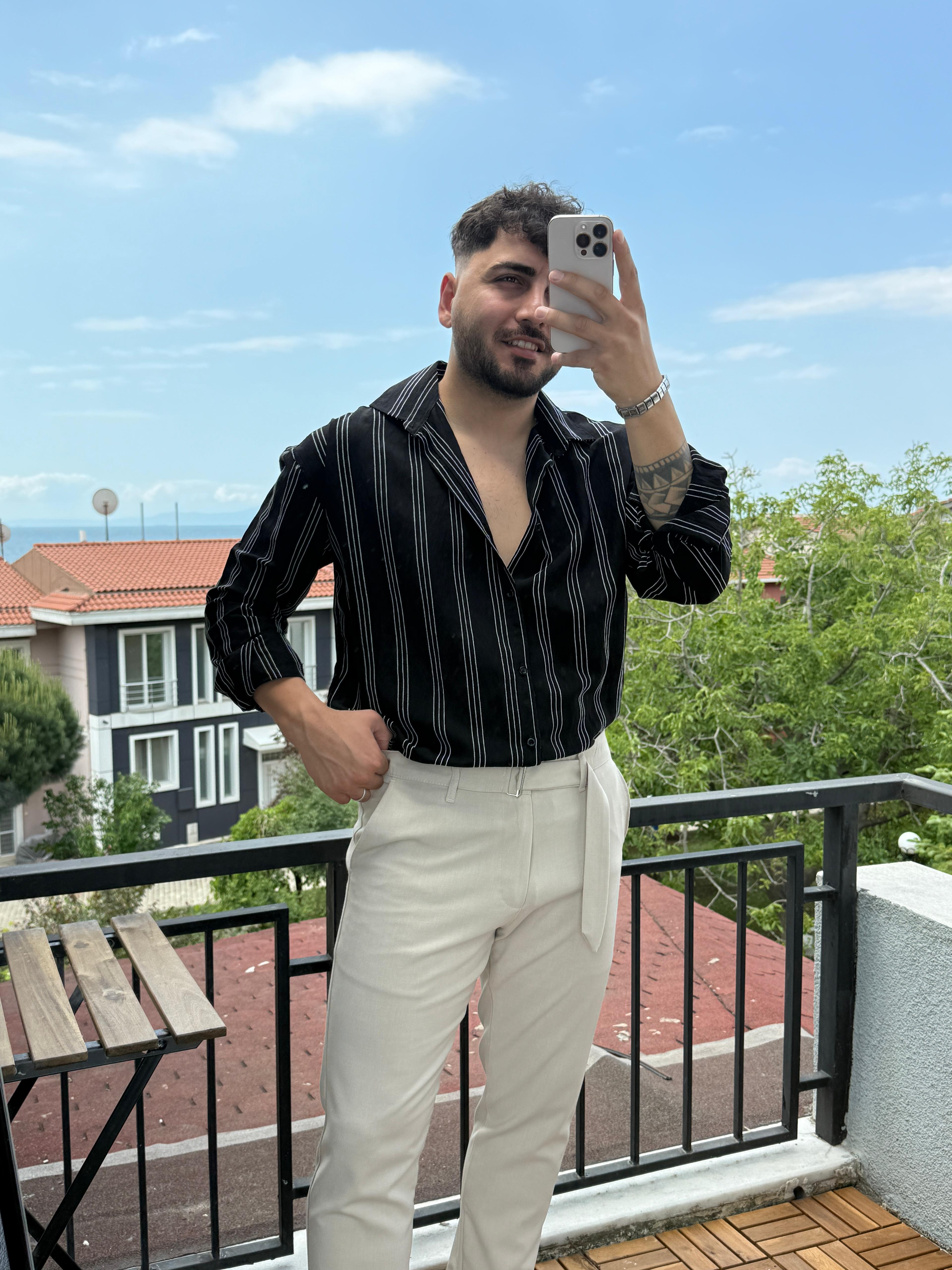 Tensel Kırinkıl 3 Çizgili Oversize Gömlek Siyah