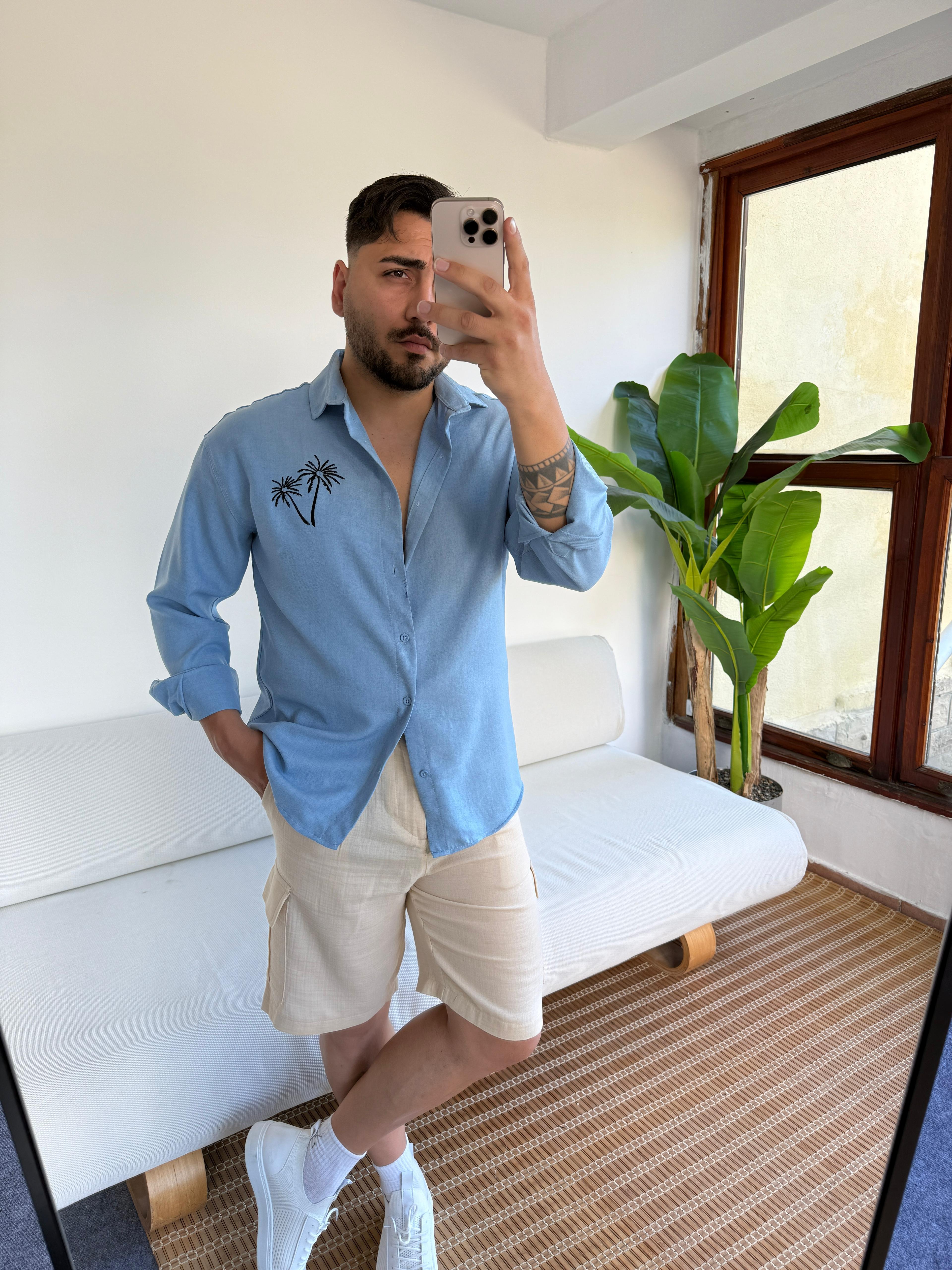 Oversize Palmiye Ağaç Nakışlı Gömlek Bebe Mavi