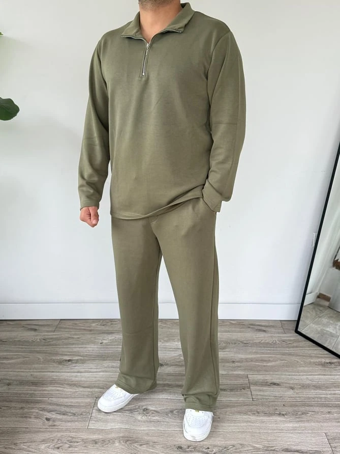 Oysho Kumaş Alt Üst Takım Alt Baggy Üst Yarım Fermuarlı Sweat - Haki Yeşili