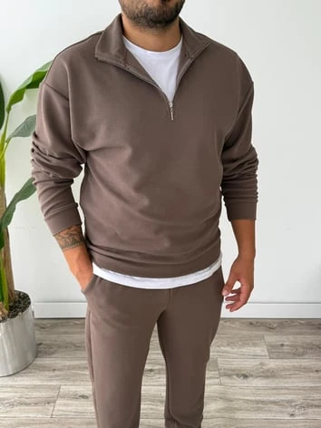 Petek Örme Alt Üst Yarım Fermuarlı Takım - Kahverengi