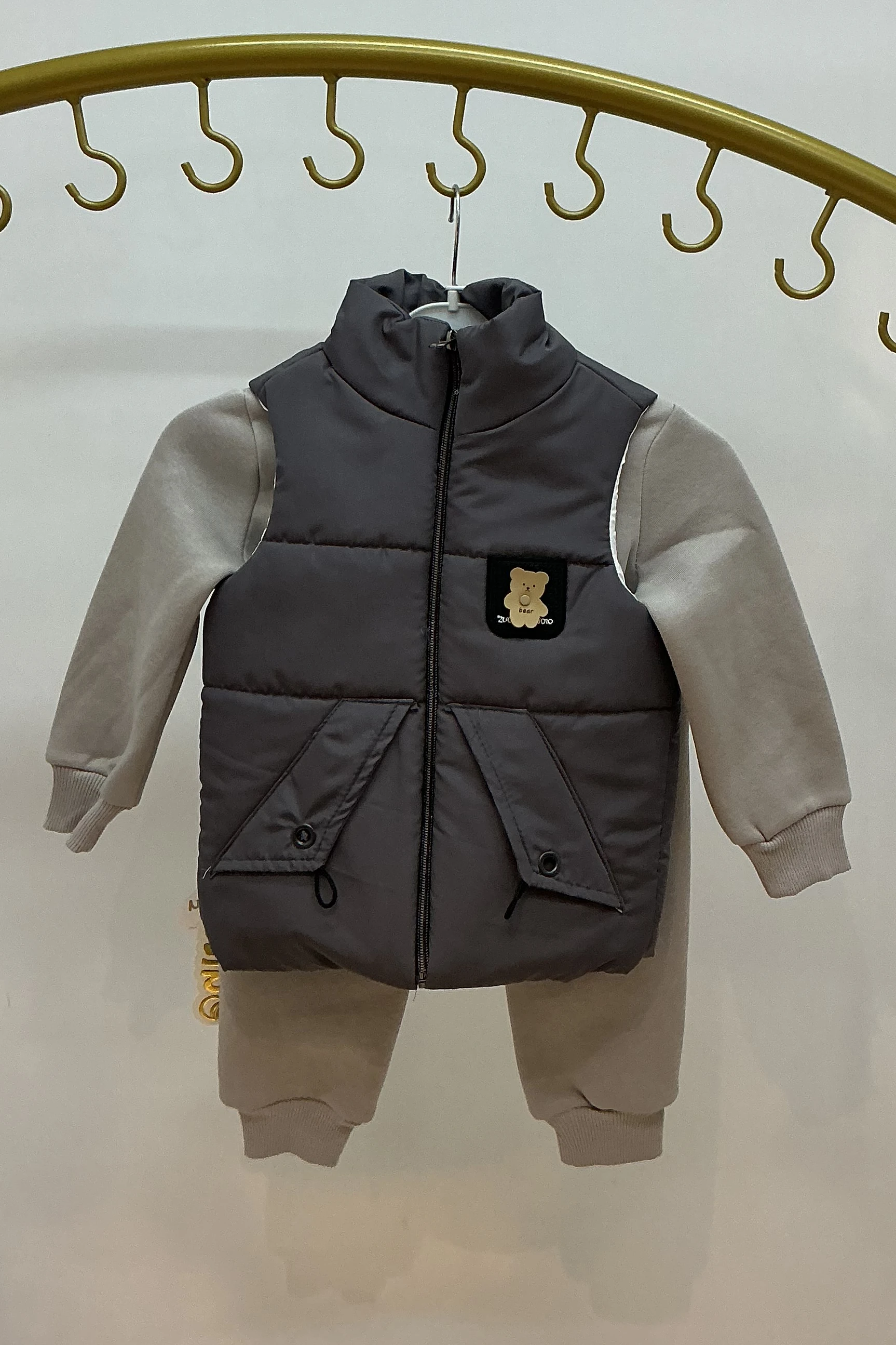 Şişme Yelekli Sweati Ayıcık Baskılı Şardonlu Erkek Takım