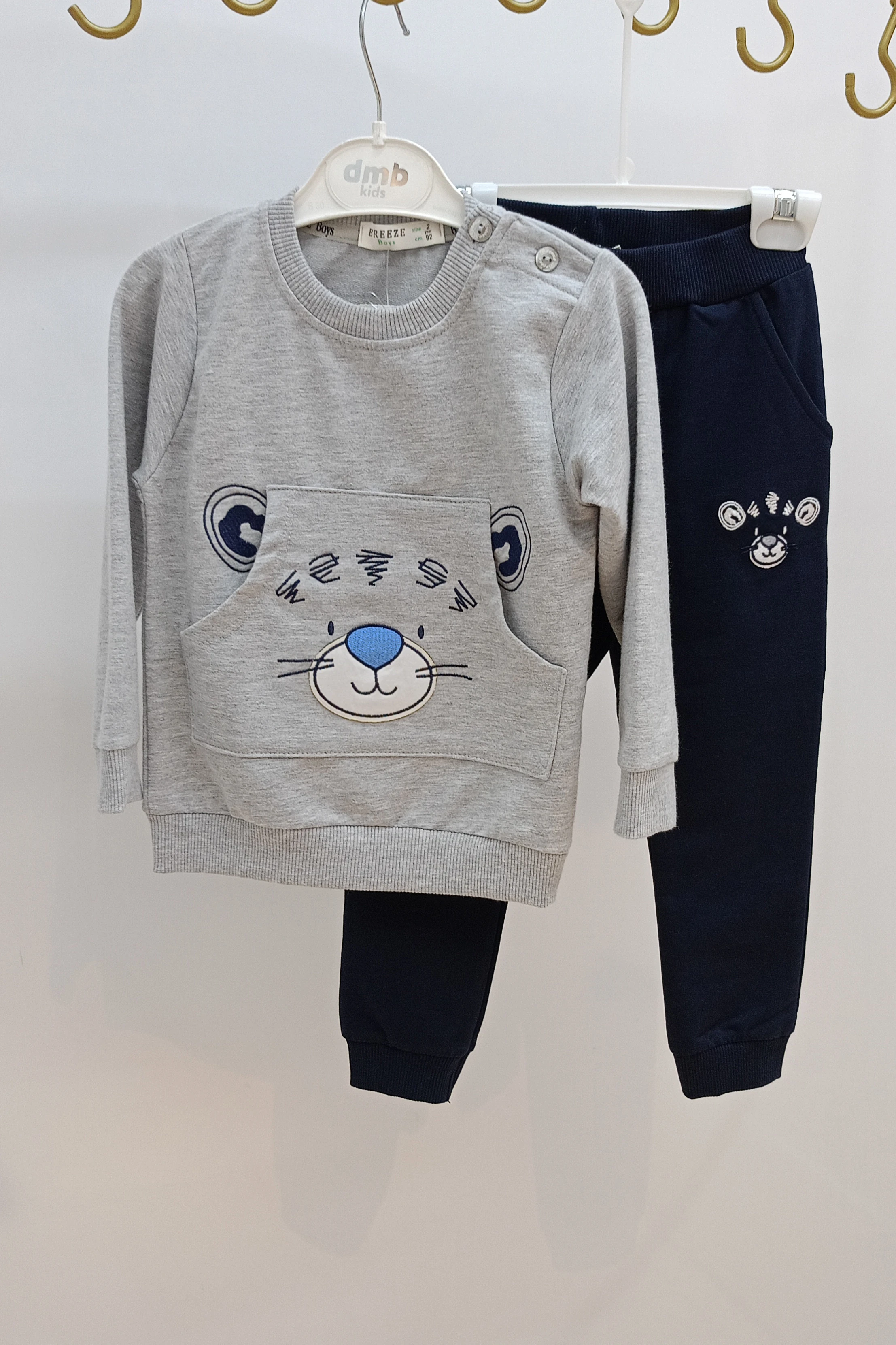 Önü Kanguru Cep Detaylı Ayıcık İşlemeli Erkek Eşofman Takımı 