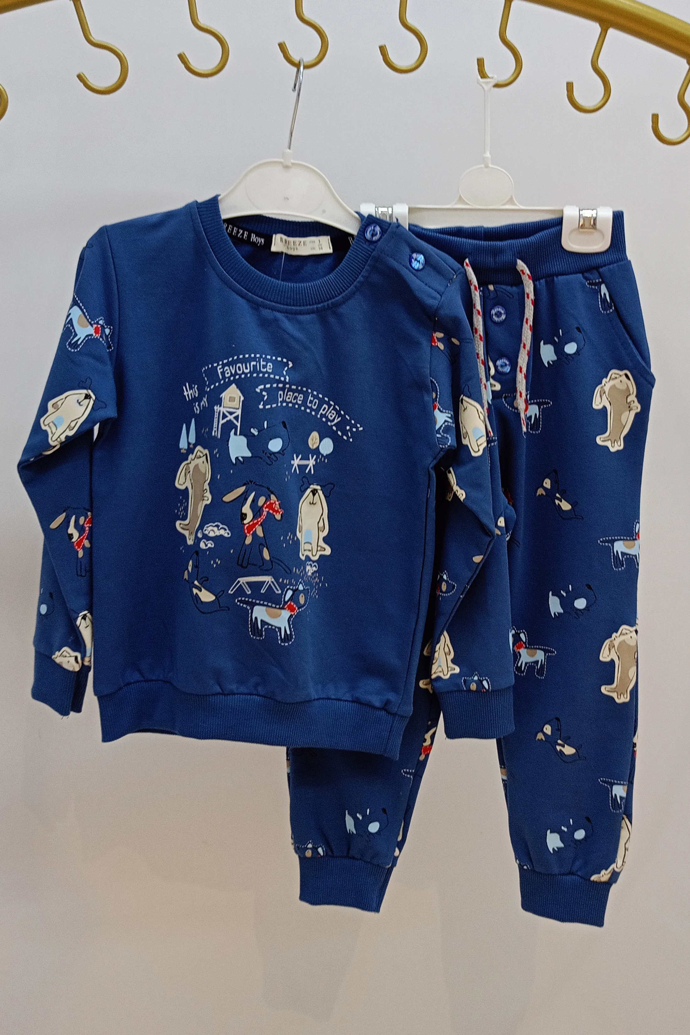 Köpek ve Yazı Desenli Omuz Yan Düğmeli Erkek Eşofman Takımı