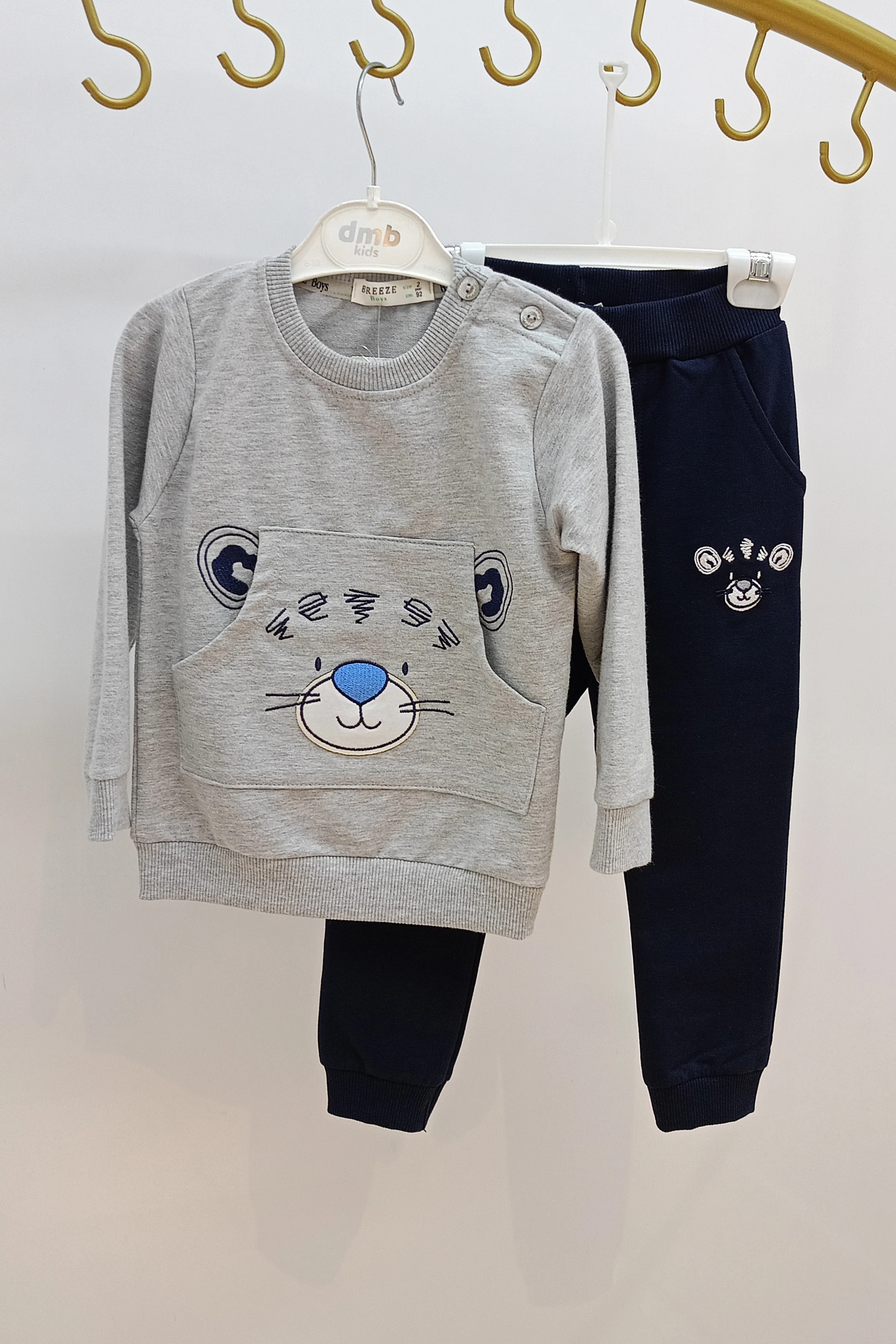 Önü Kanguru Cep Detaylı Ayıcık İşlemeli Erkek Eşofman Takımı 