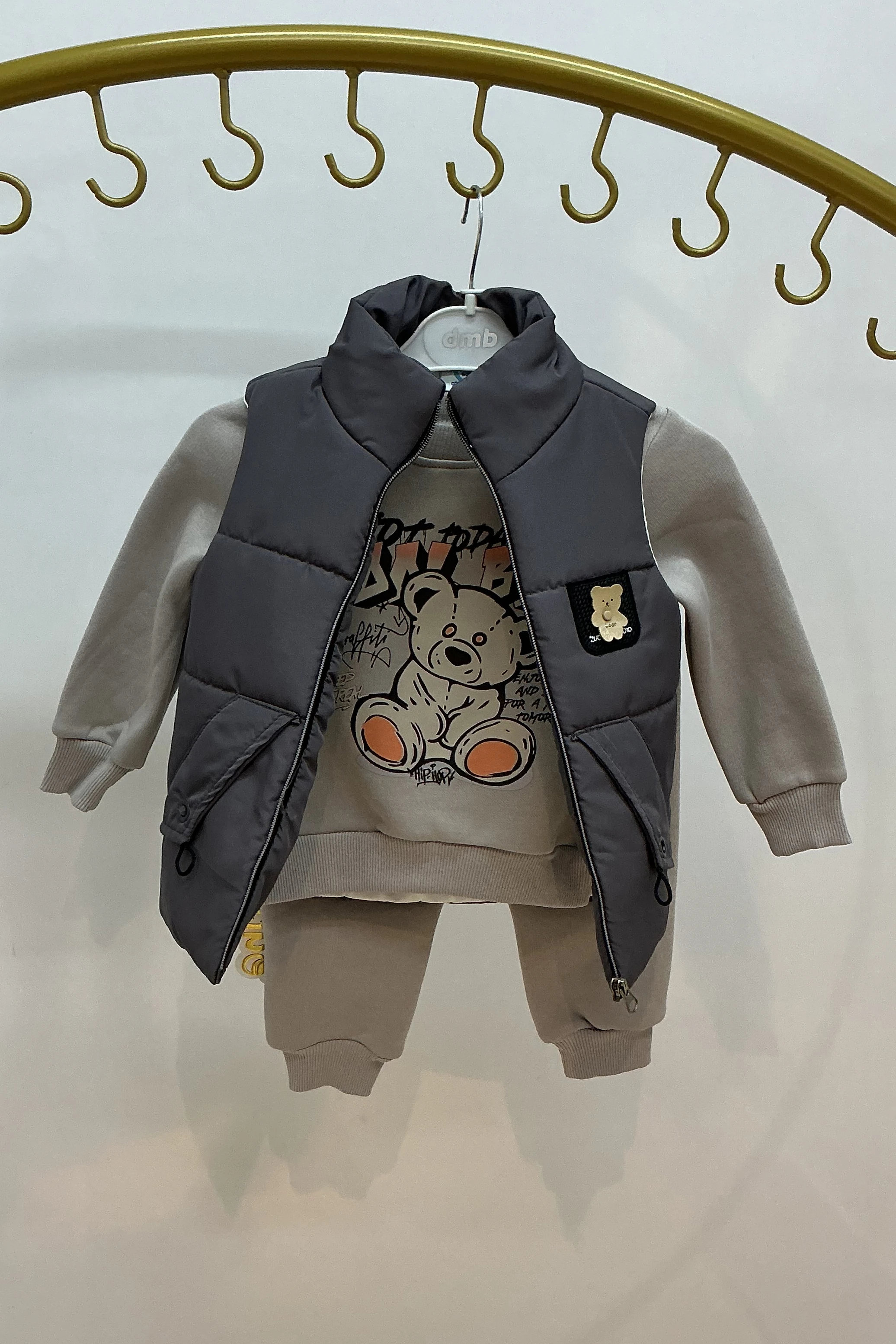 Şişme Yelekli Sweati Ayıcık Baskılı Şardonlu Erkek Takım