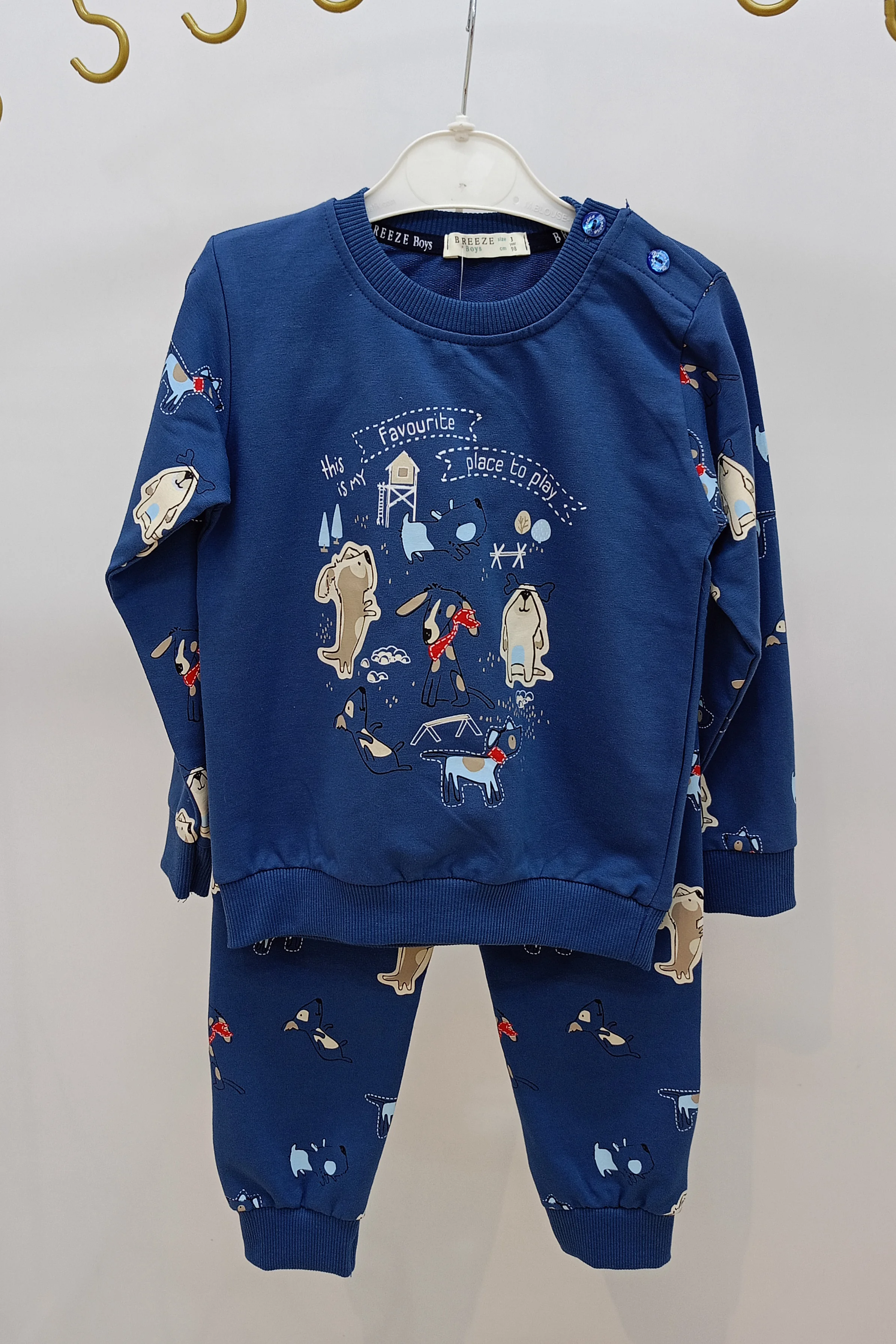 Köpek ve Yazı Desenli Omuz Yan Düğmeli Erkek Eşofman Takımı