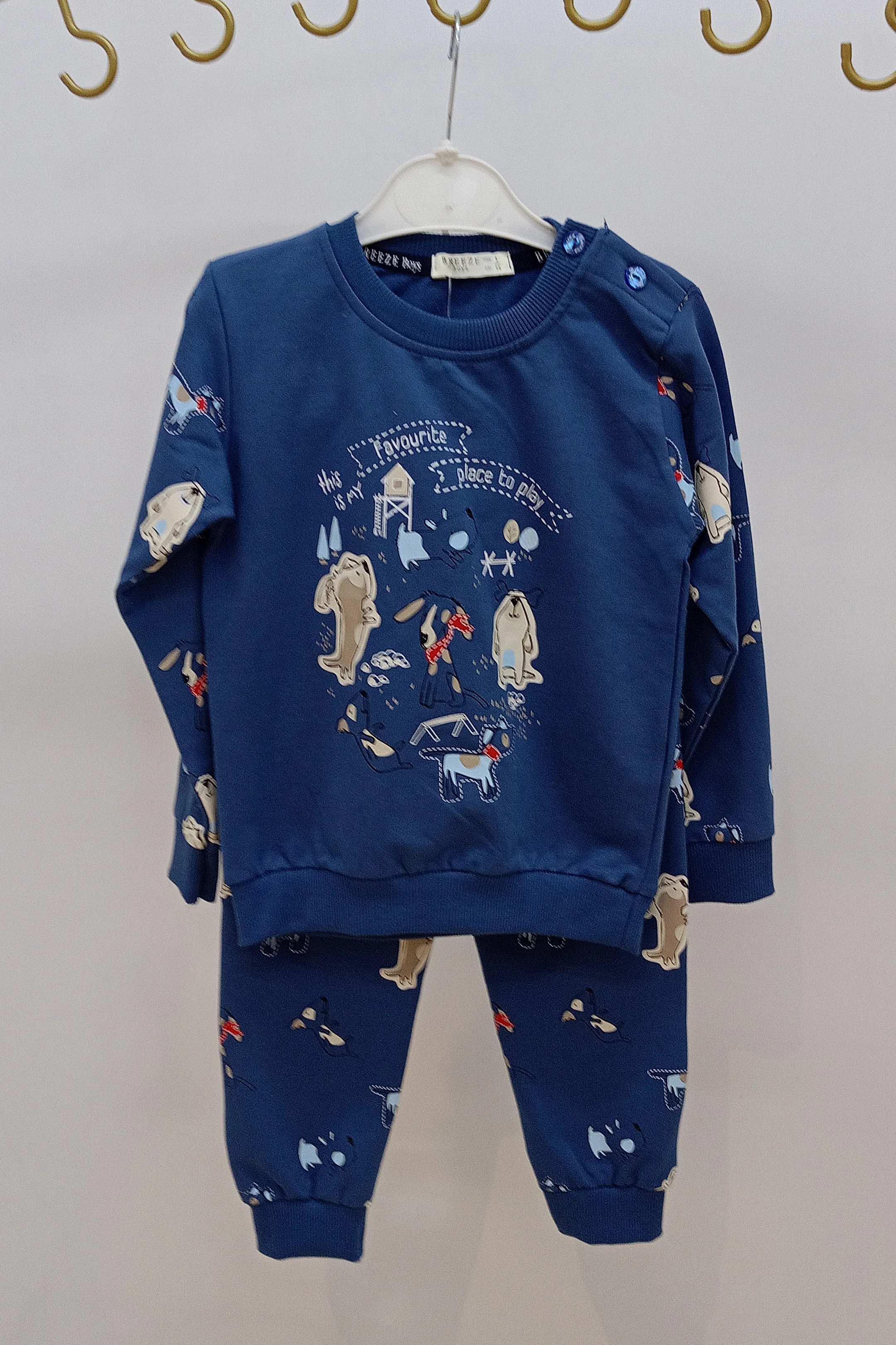 Köpek ve Yazı Desenli Omuz Yan Düğmeli Erkek Eşofman Takımı