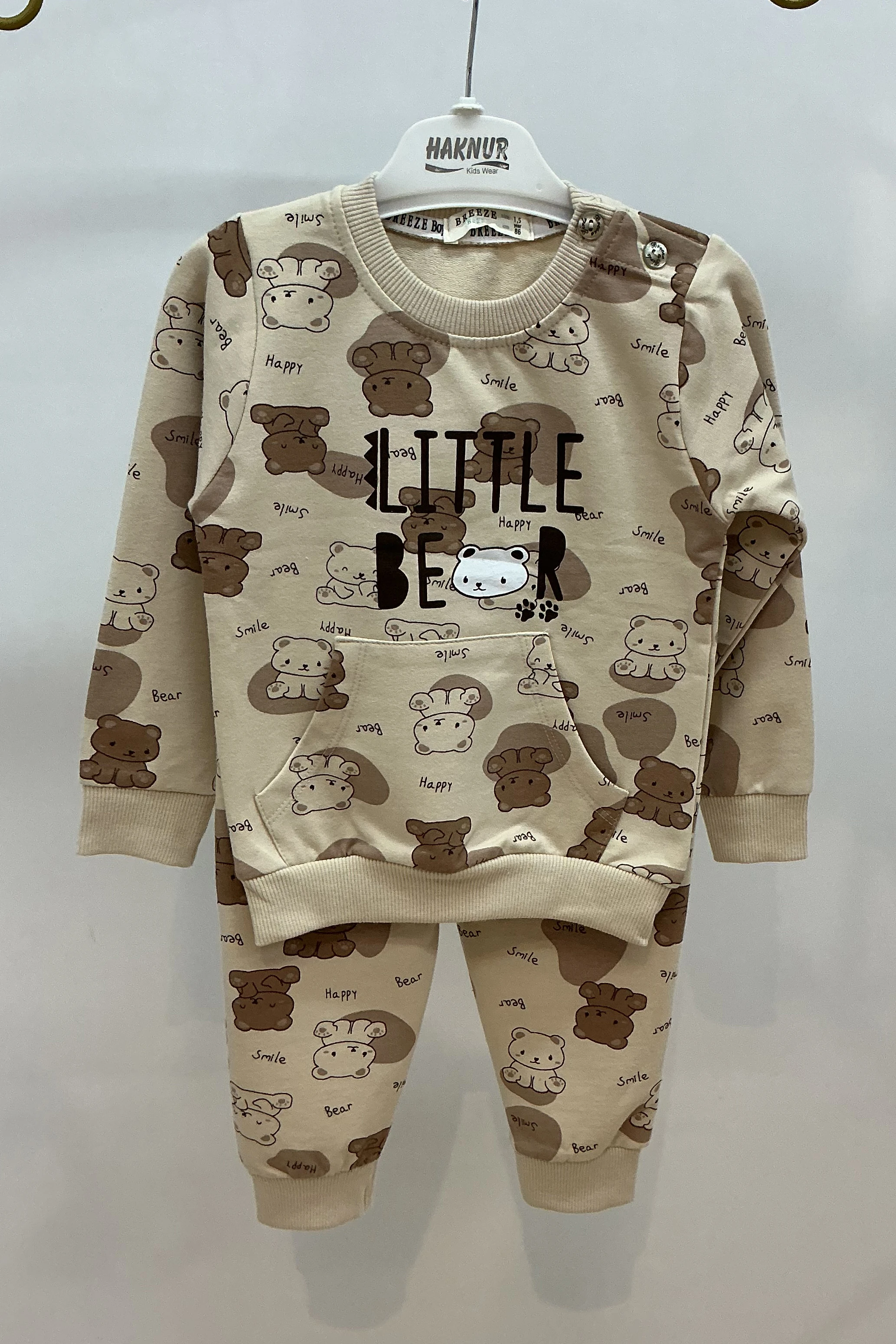 Bisiklet Yaka Kanguru Cep Ayıcık ve Yazı Detaylı Erkek Eşofman Takımı