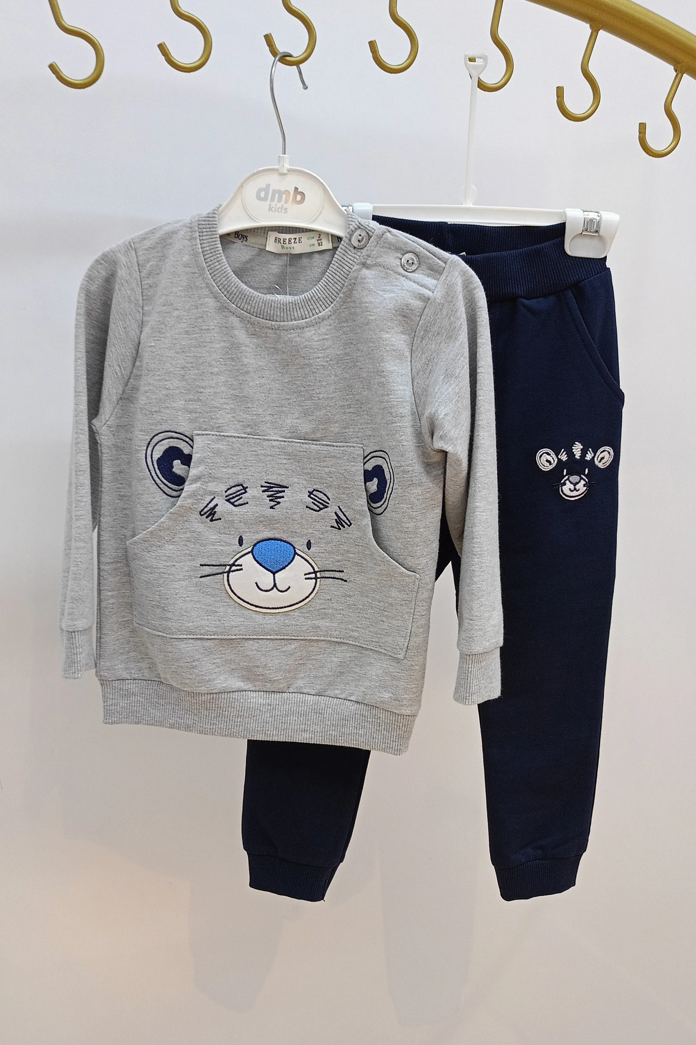 Önü Kanguru Cep Detaylı Ayıcık İşlemeli Erkek Eşofman Takımı 