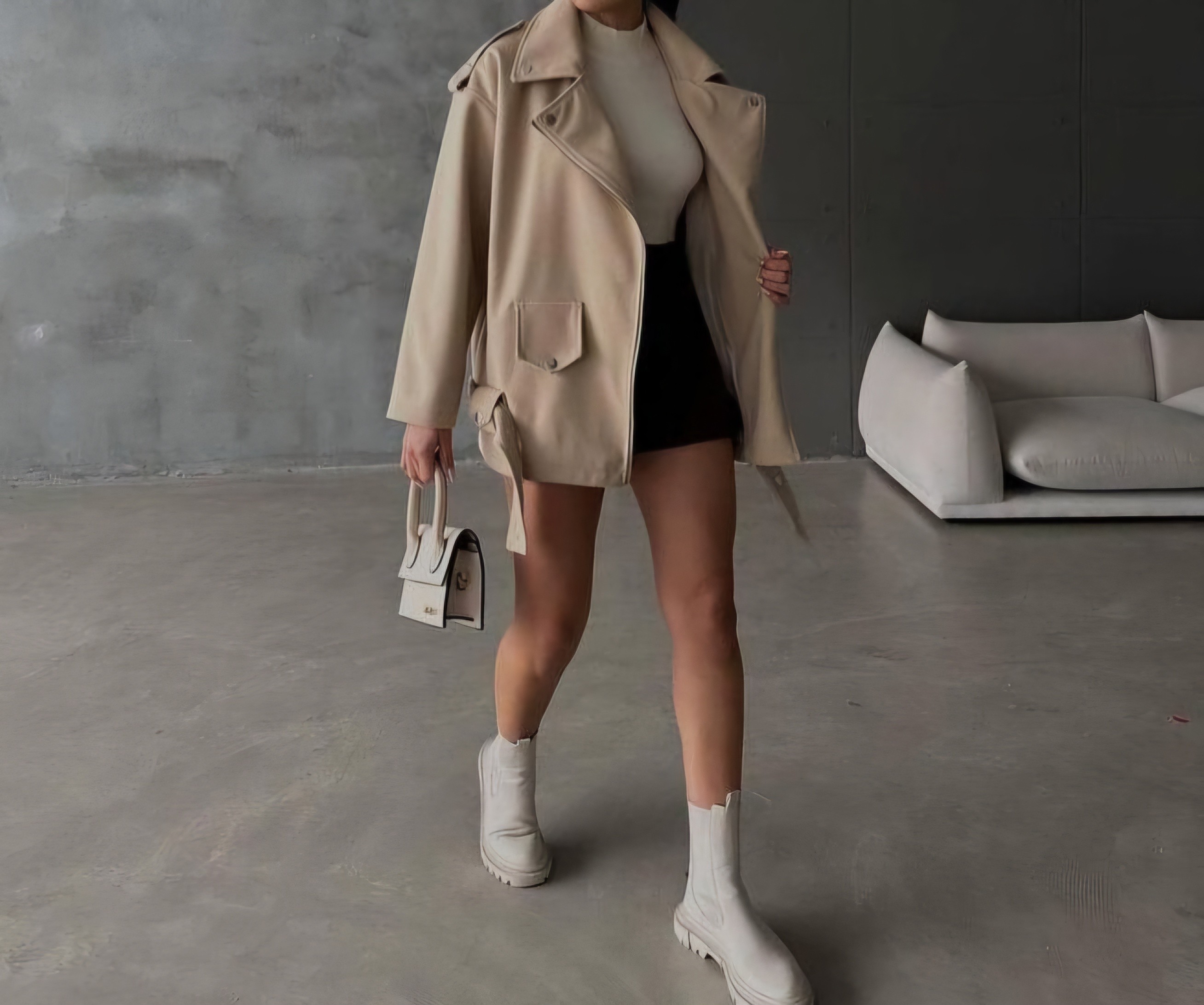  Kuşak Detaylı Oversize Kaşe Mont-Bej