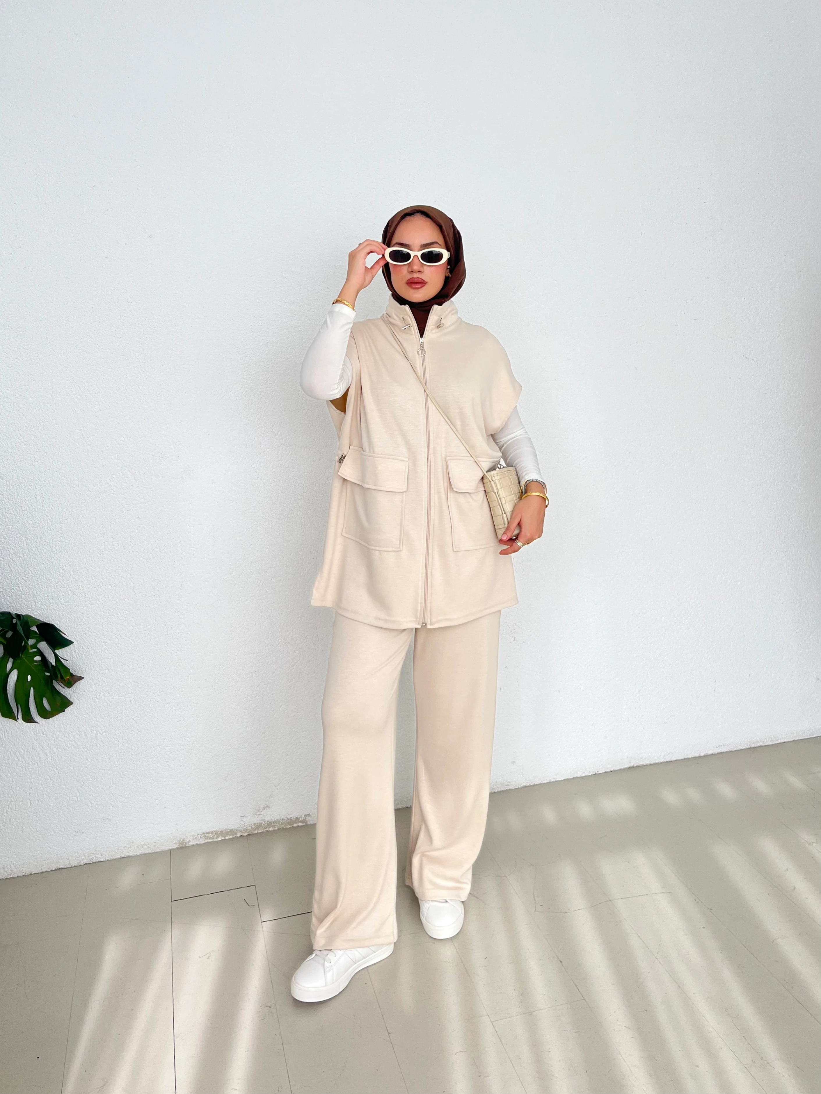 Beli Büzgülü Modal Kumaş Takım - Krem