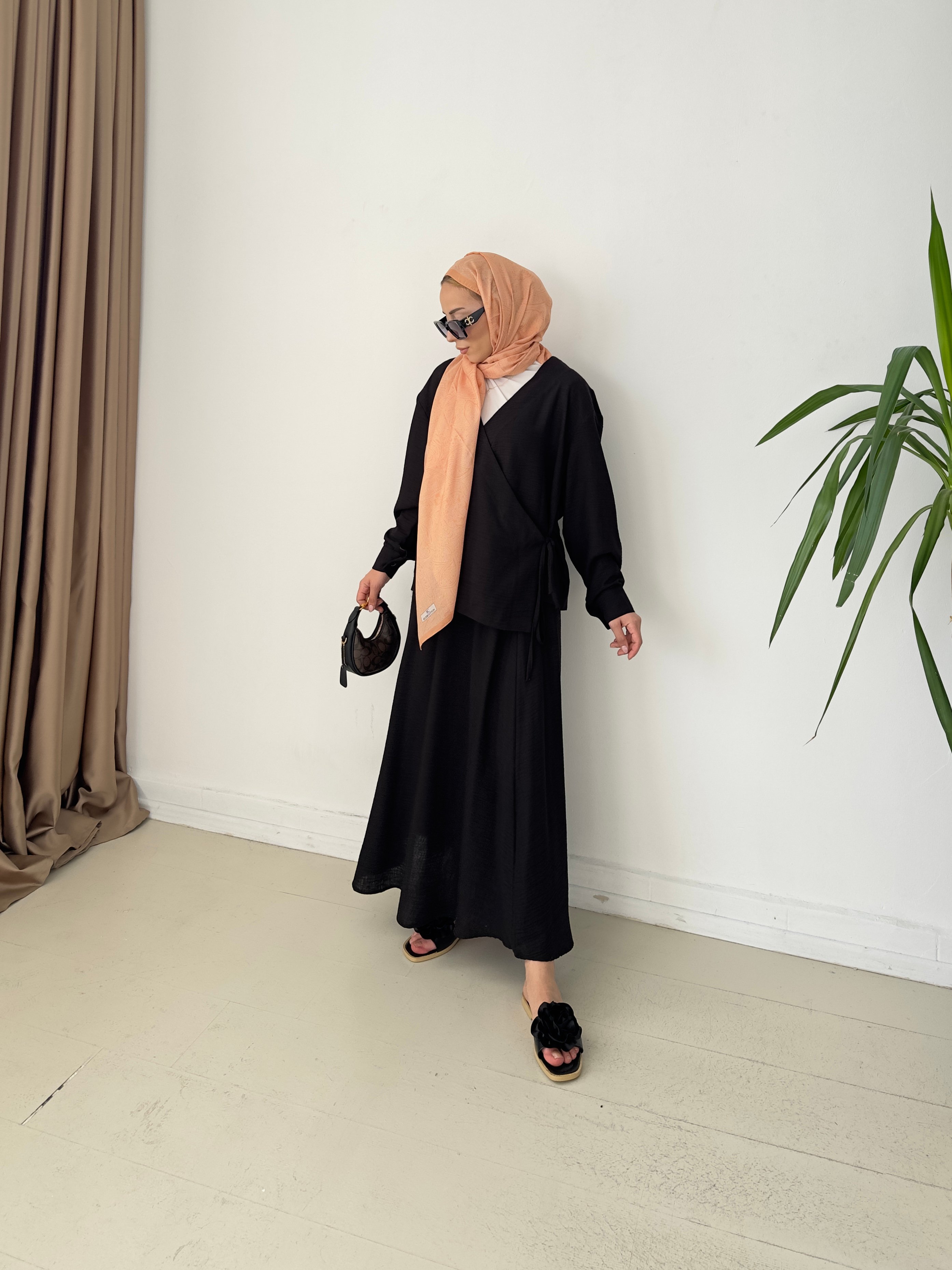 Keten Kumaş Kimono Etekli Kimono Takım - Siyah