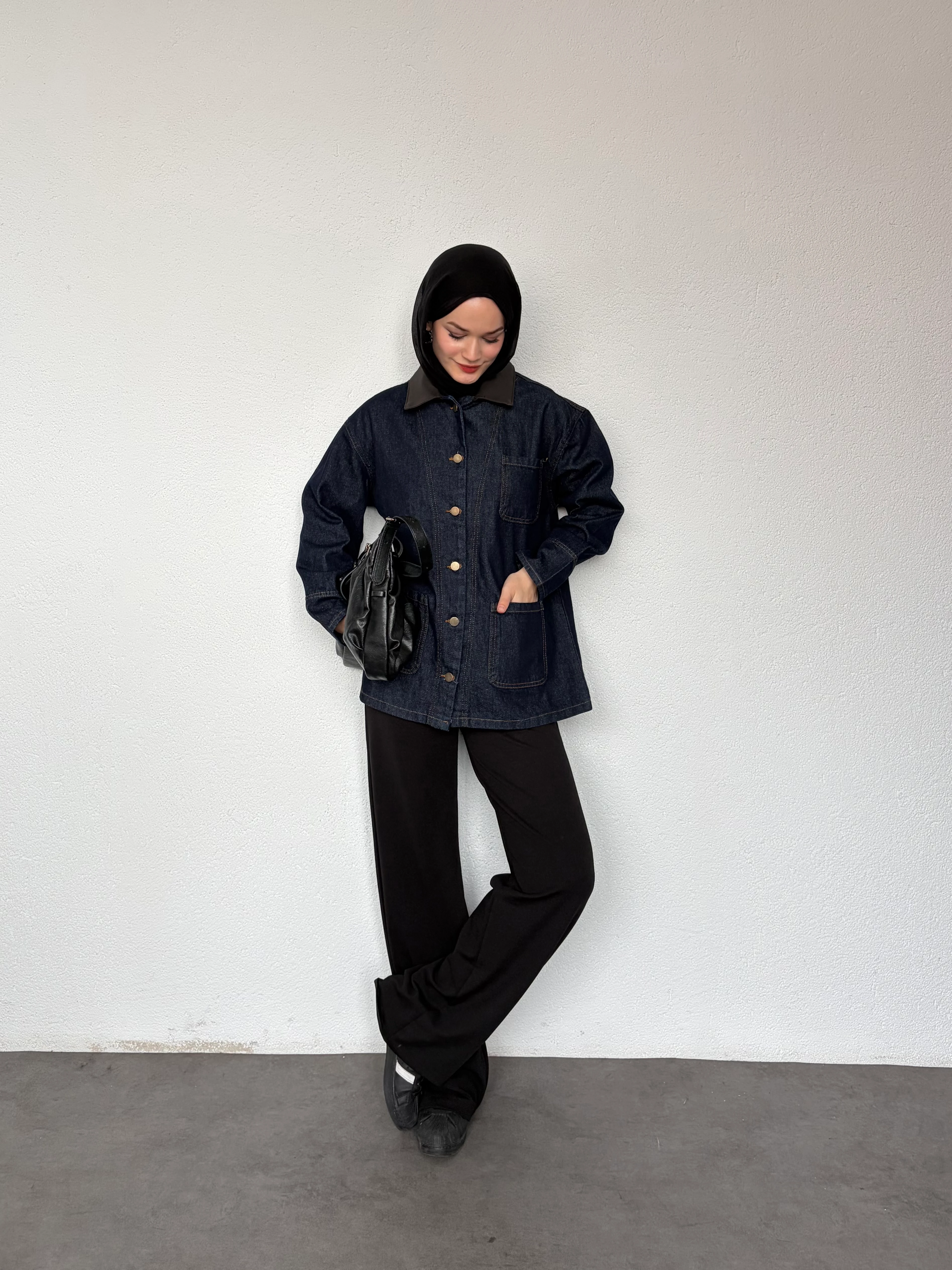 Deri Yaka Detaylı Kot Ceket - Lacivert