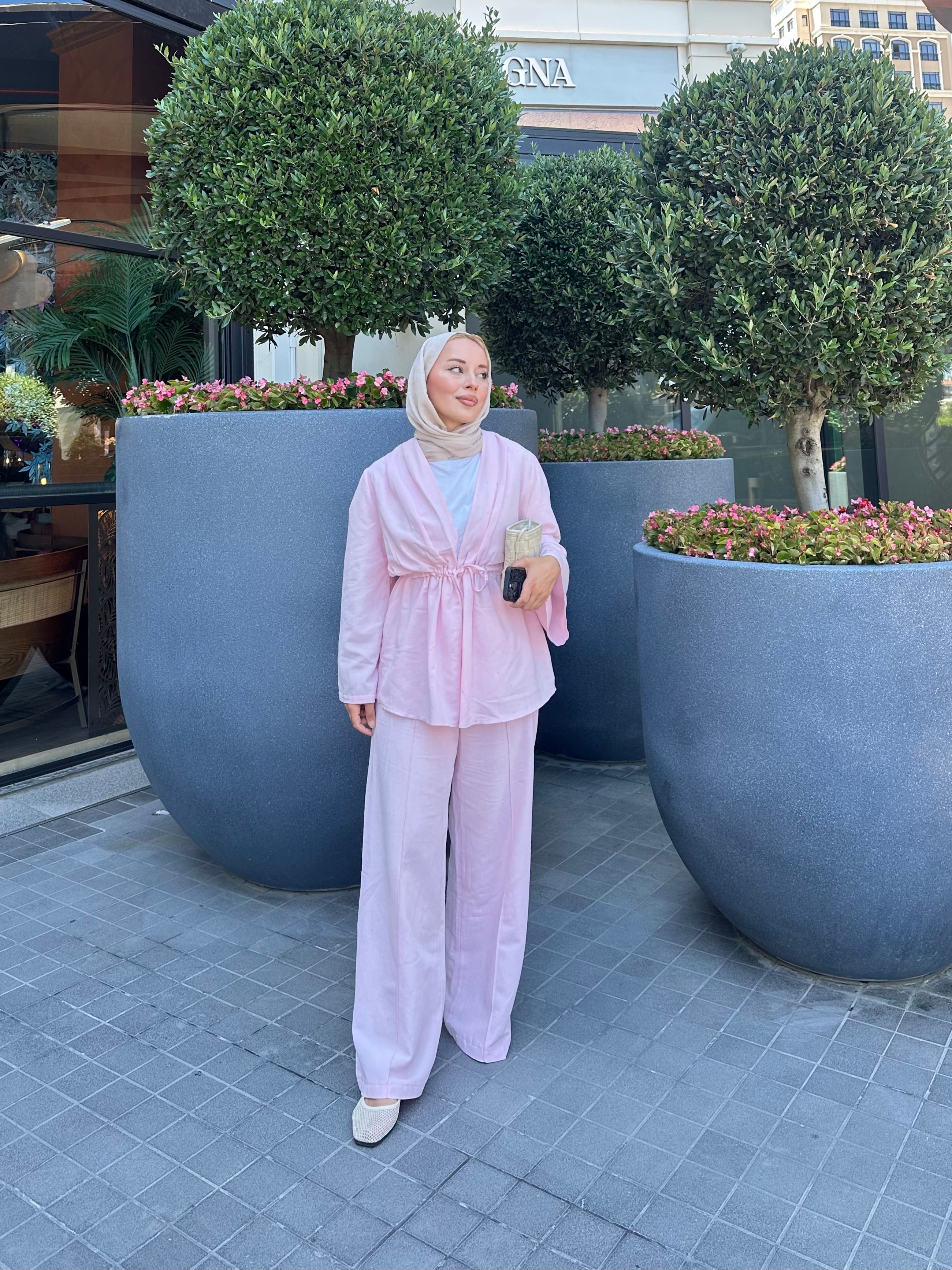 Taşlı Keten Takım - pembe