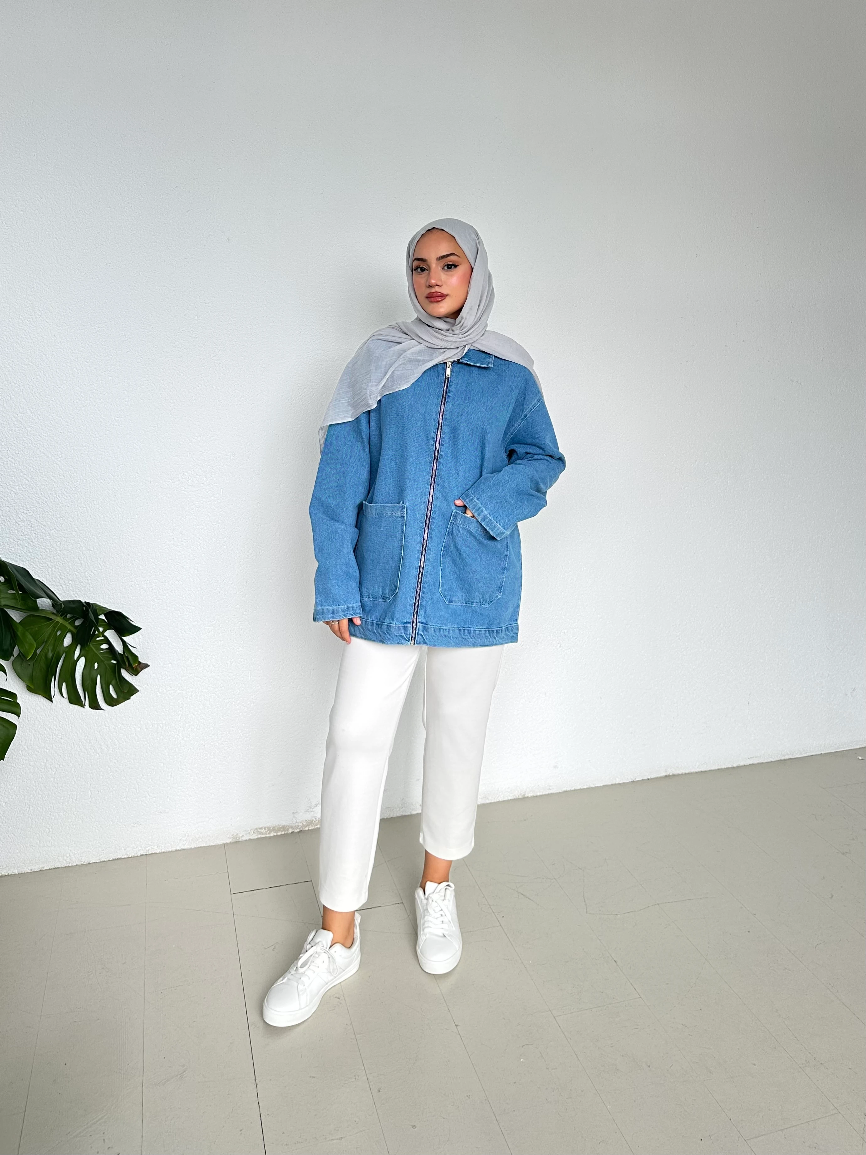 Fermuarlı Kot Ceket - mavi