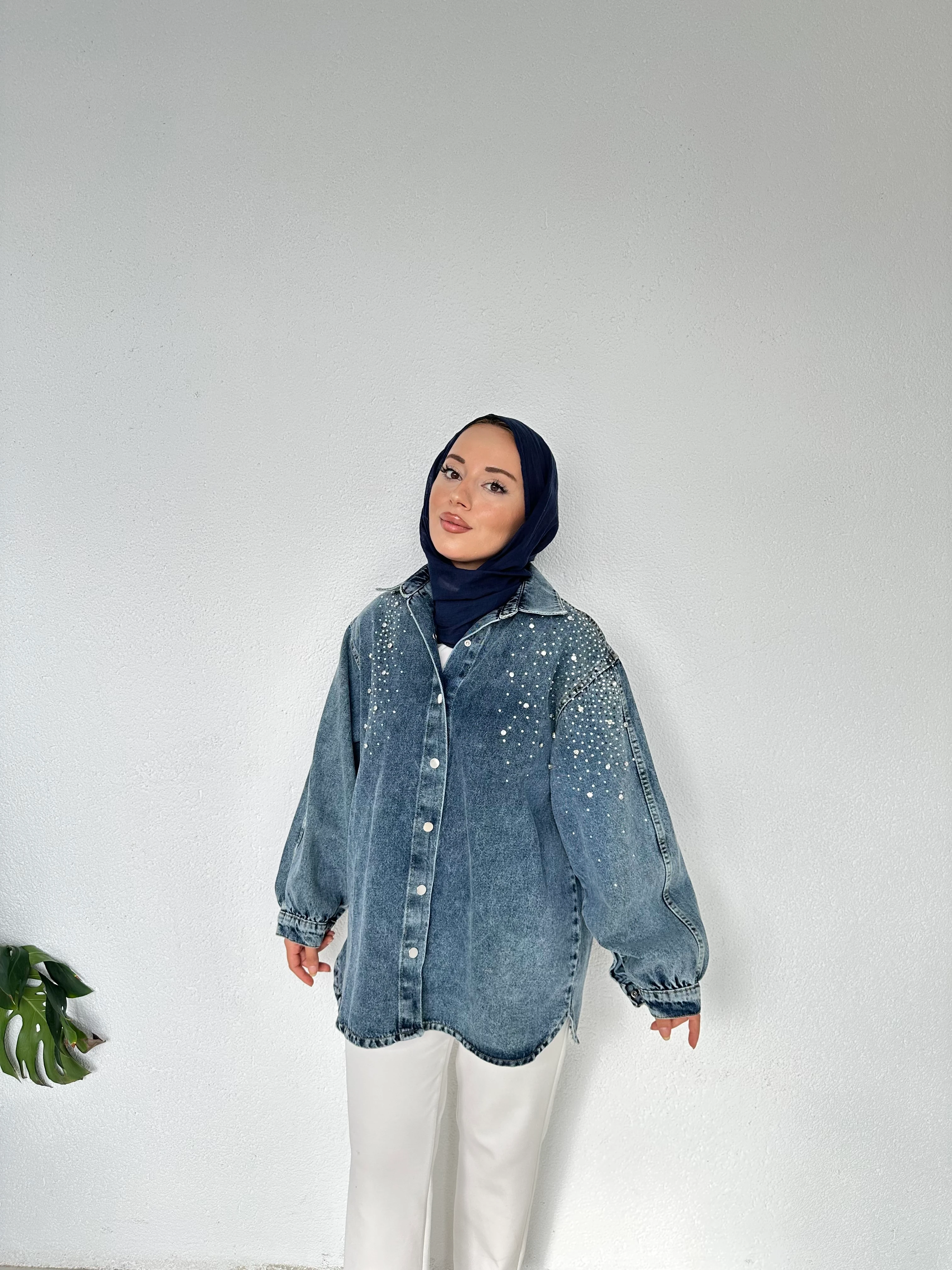 Oversize Balon Kol Taşlı Kot Ceket