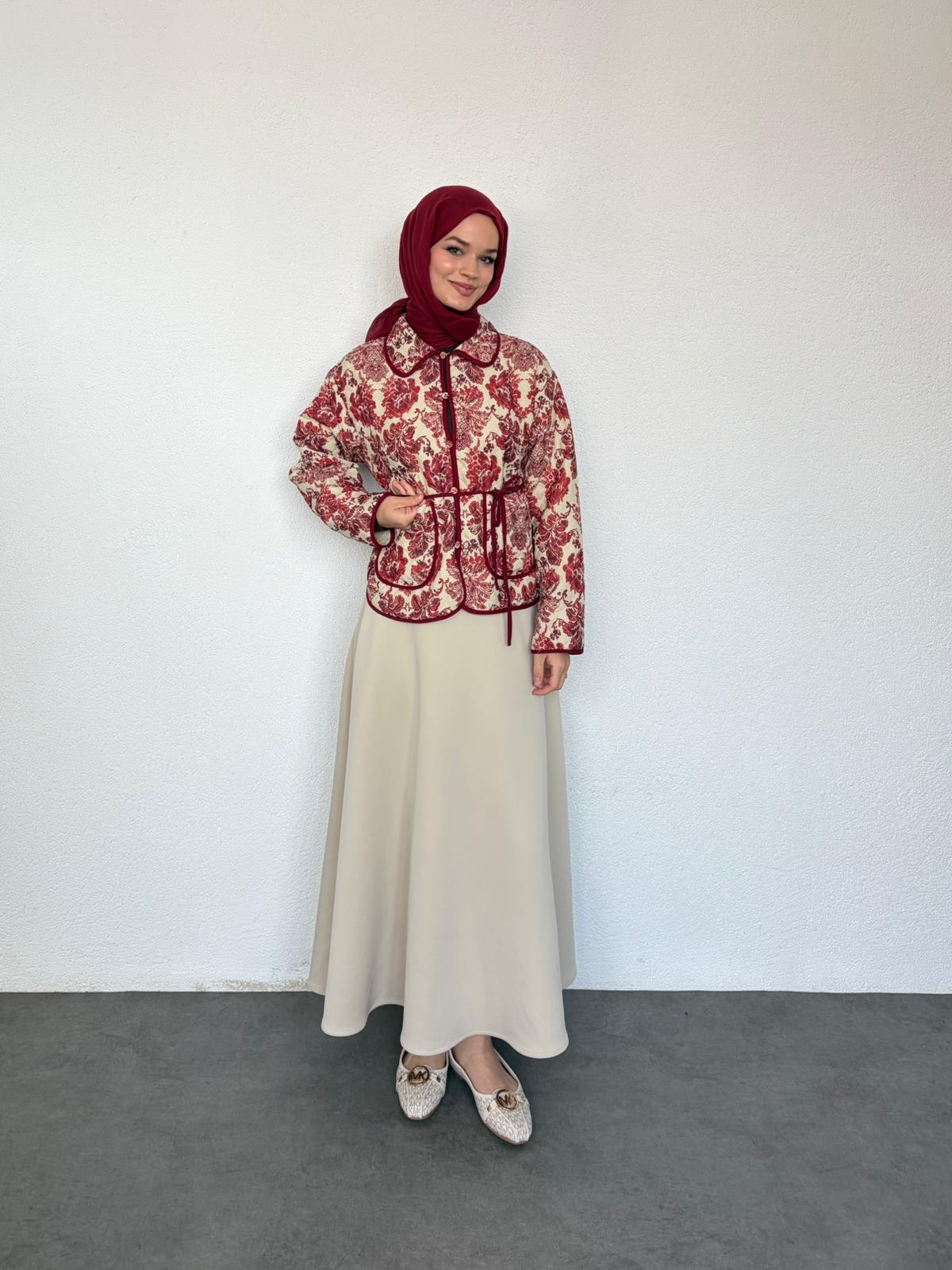 Desenli Kapitone Ceket - bordo