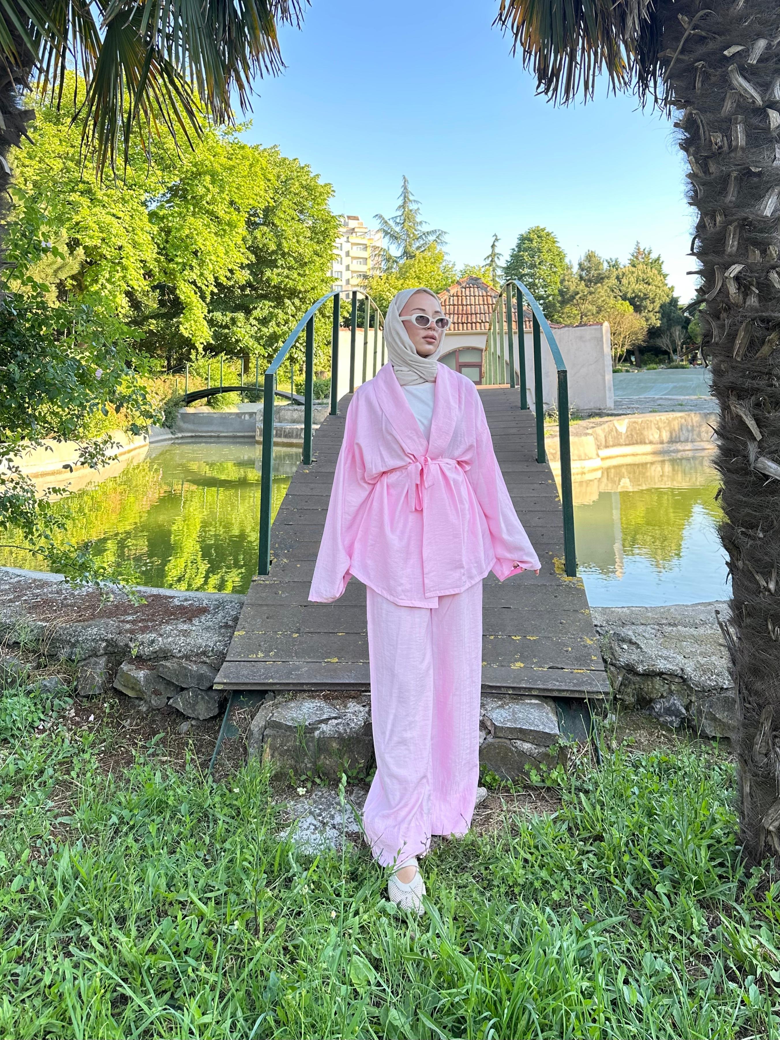 Şal Yaka Kimono Takım - pembe