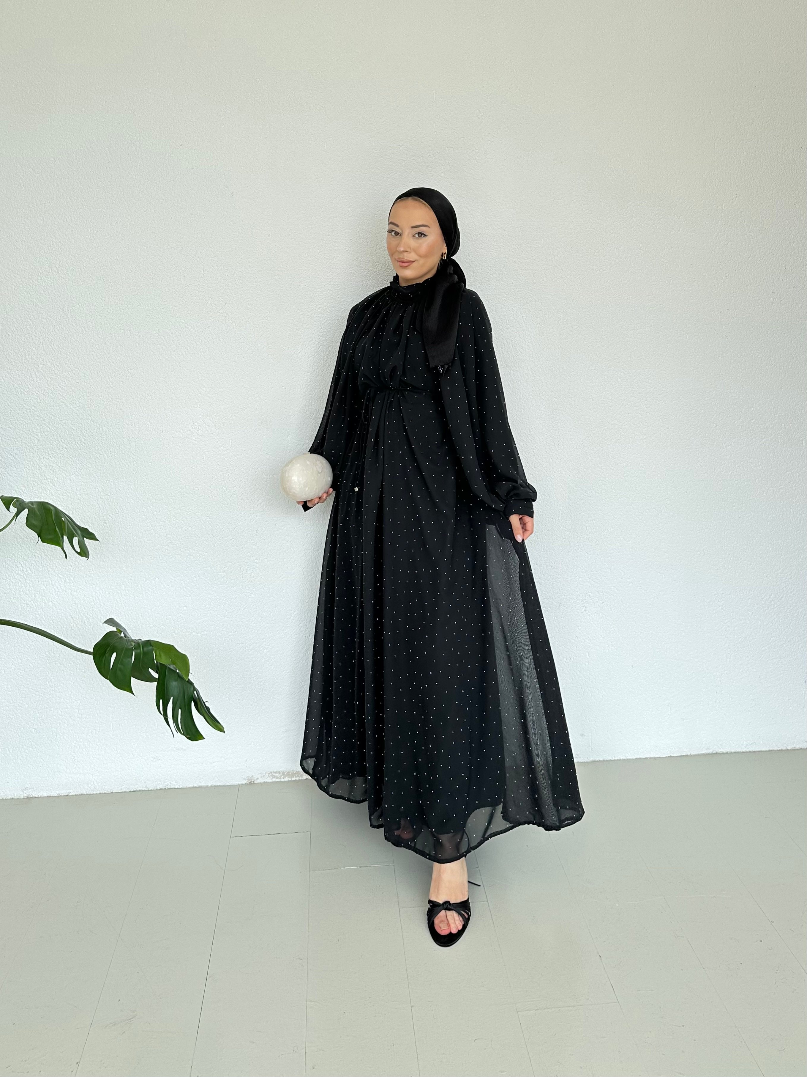 Parıltılı Yarasa Kol Elbise - Siyah