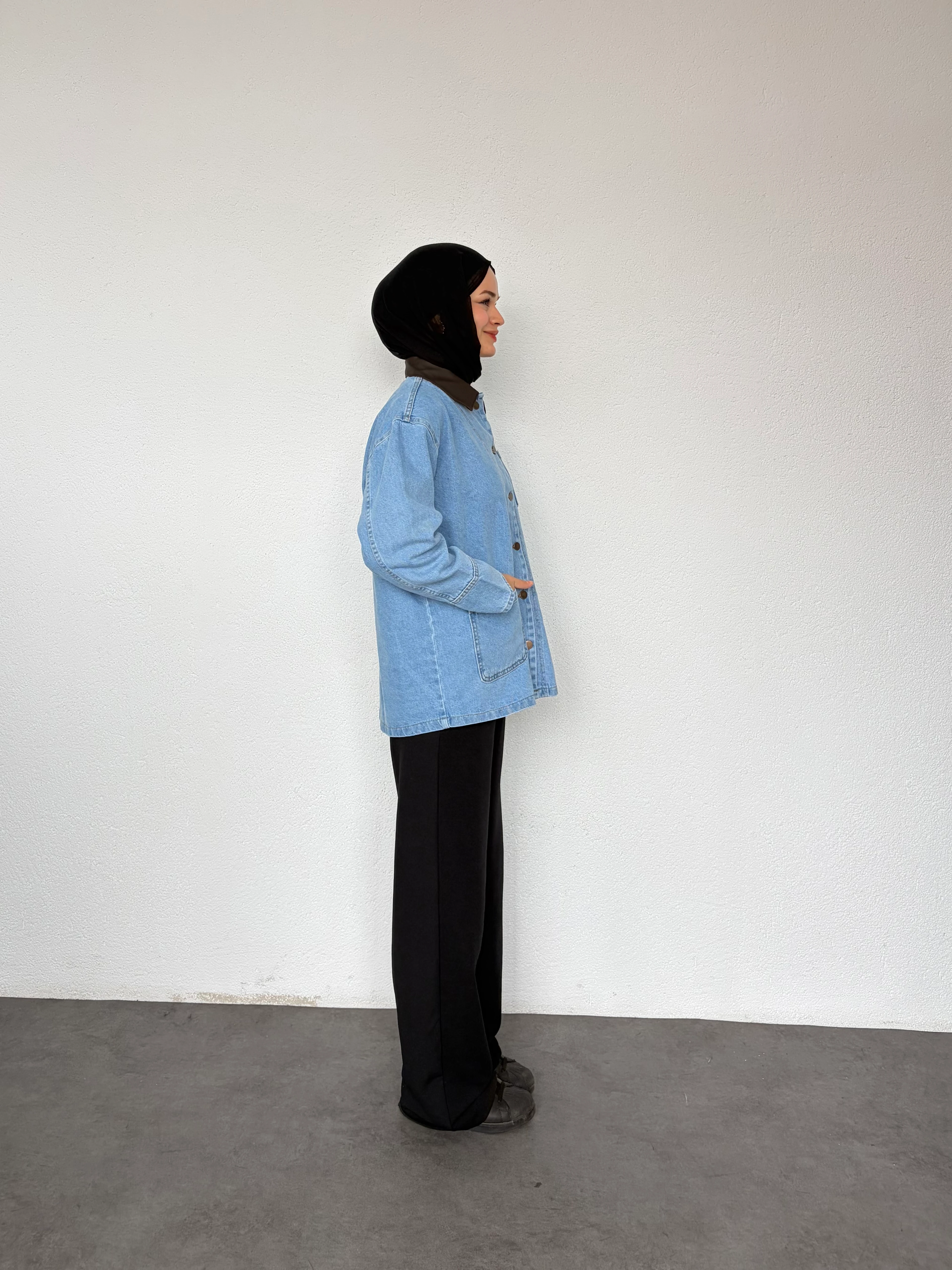 Deri Yaka Detaylı Kot Ceket