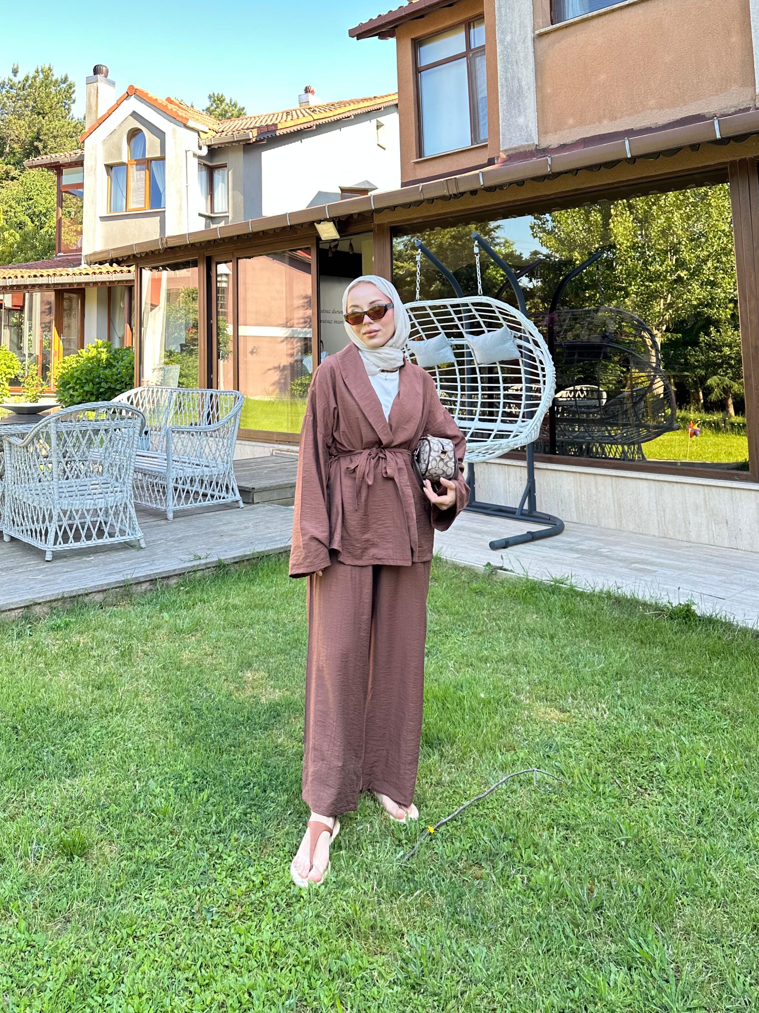 Şal Yaka Kimono Takım - Kahve