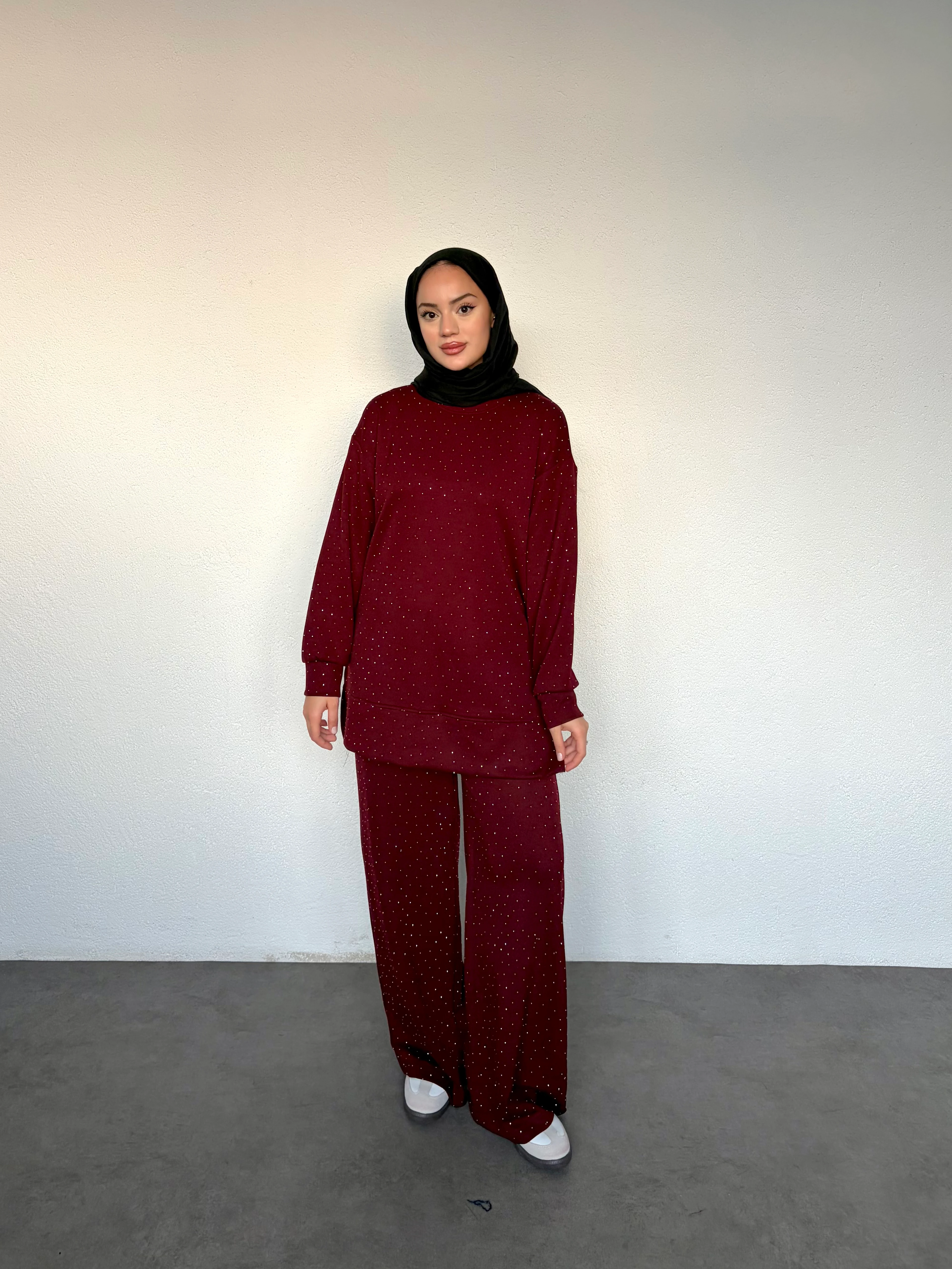 Taşlı Modal Takım - bordo