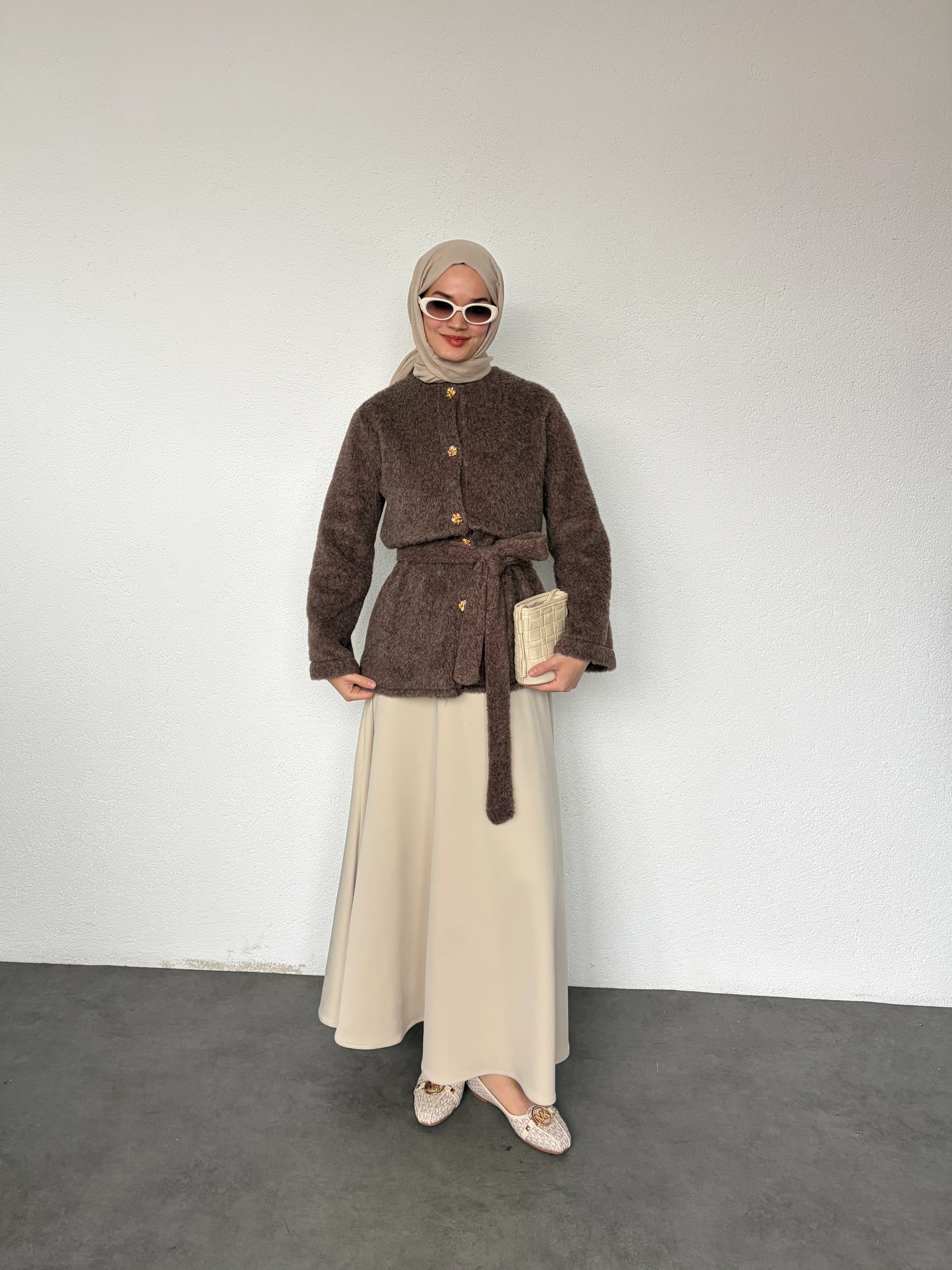 Gold Düğmeli Peluş Ceket - Kahve