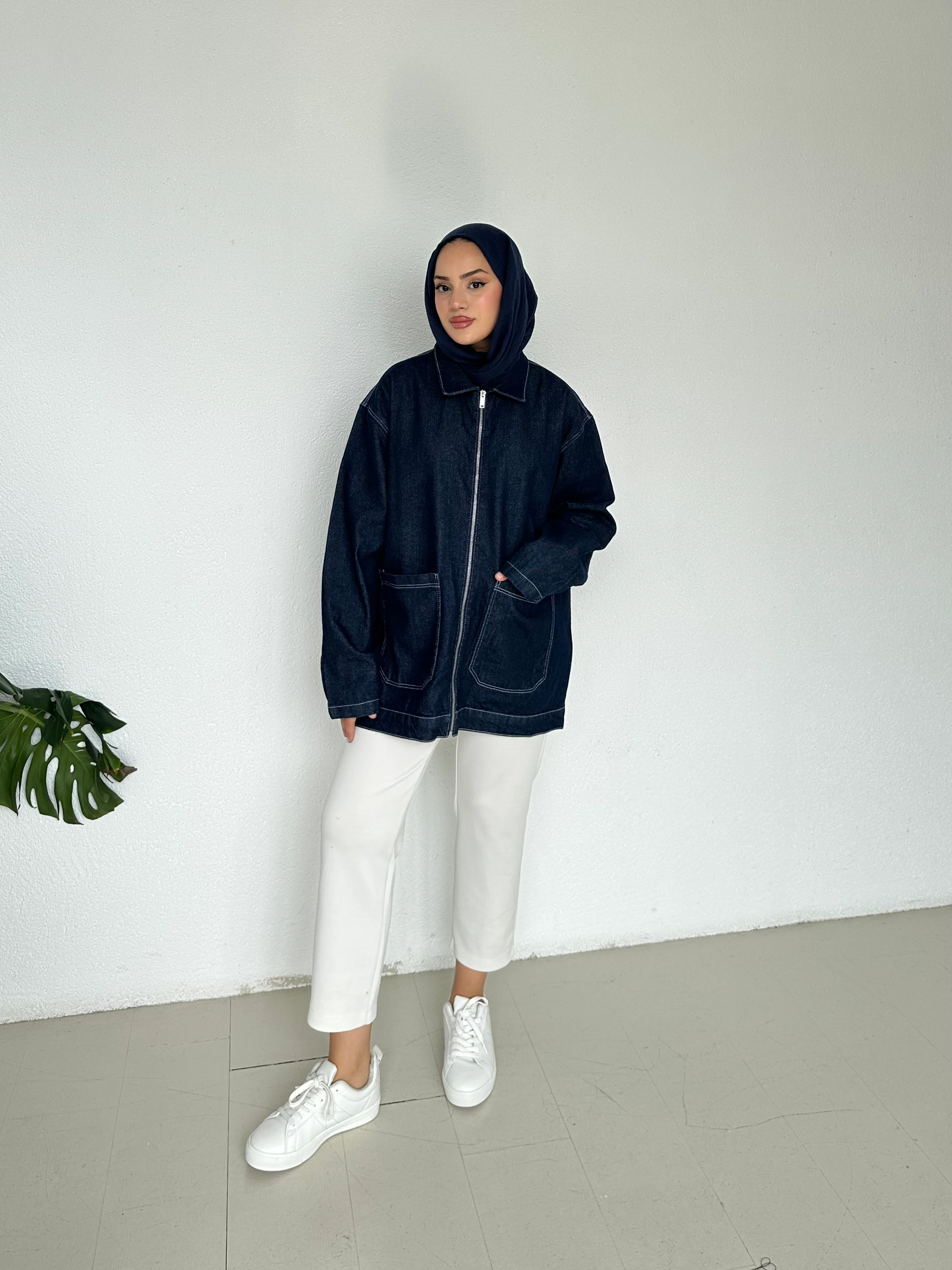 Fermuarlı Kot Ceket - Koyu Mavi