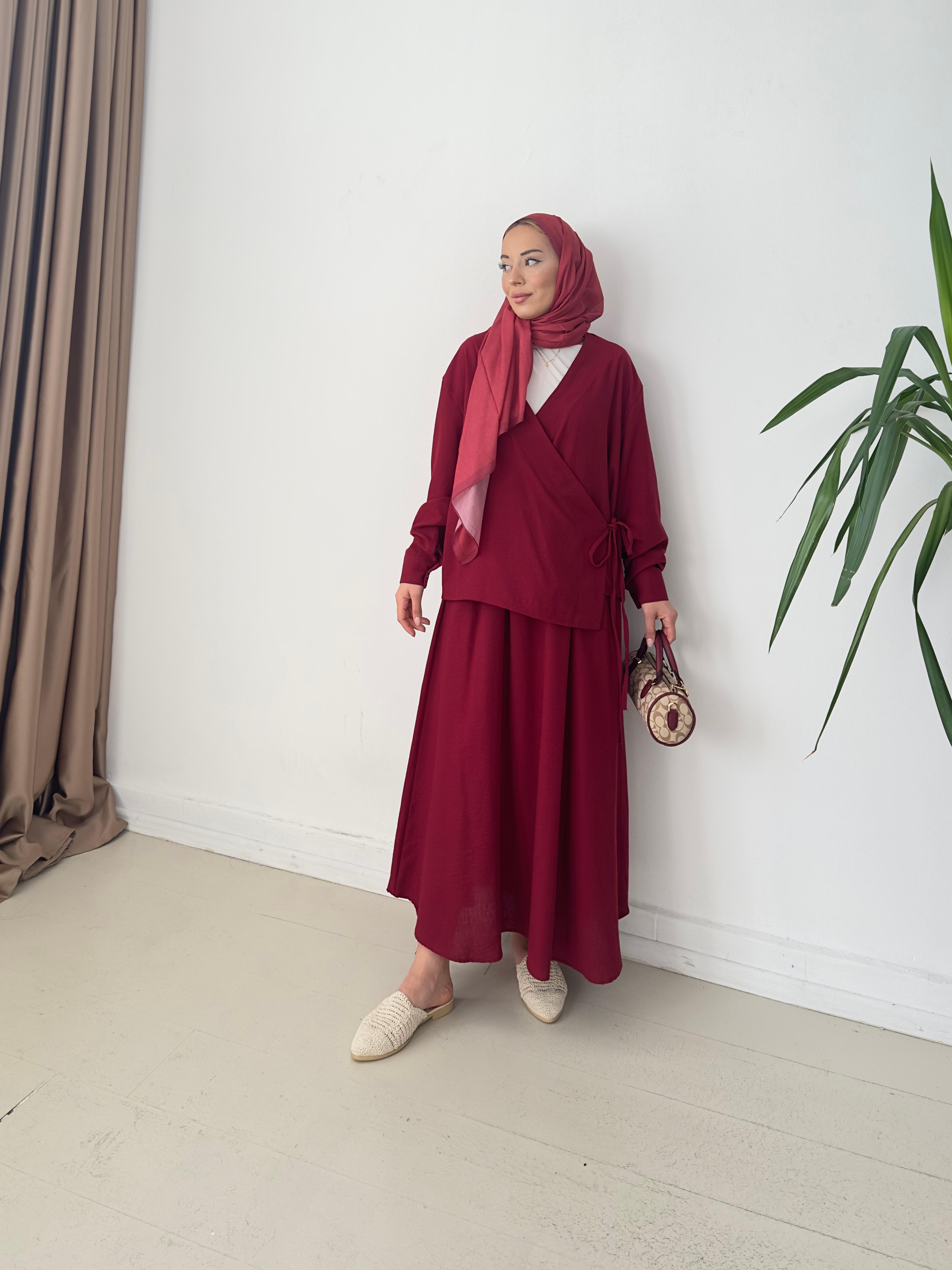 Keten Kumaş Kimono Etekli Kimono Takım - bordo