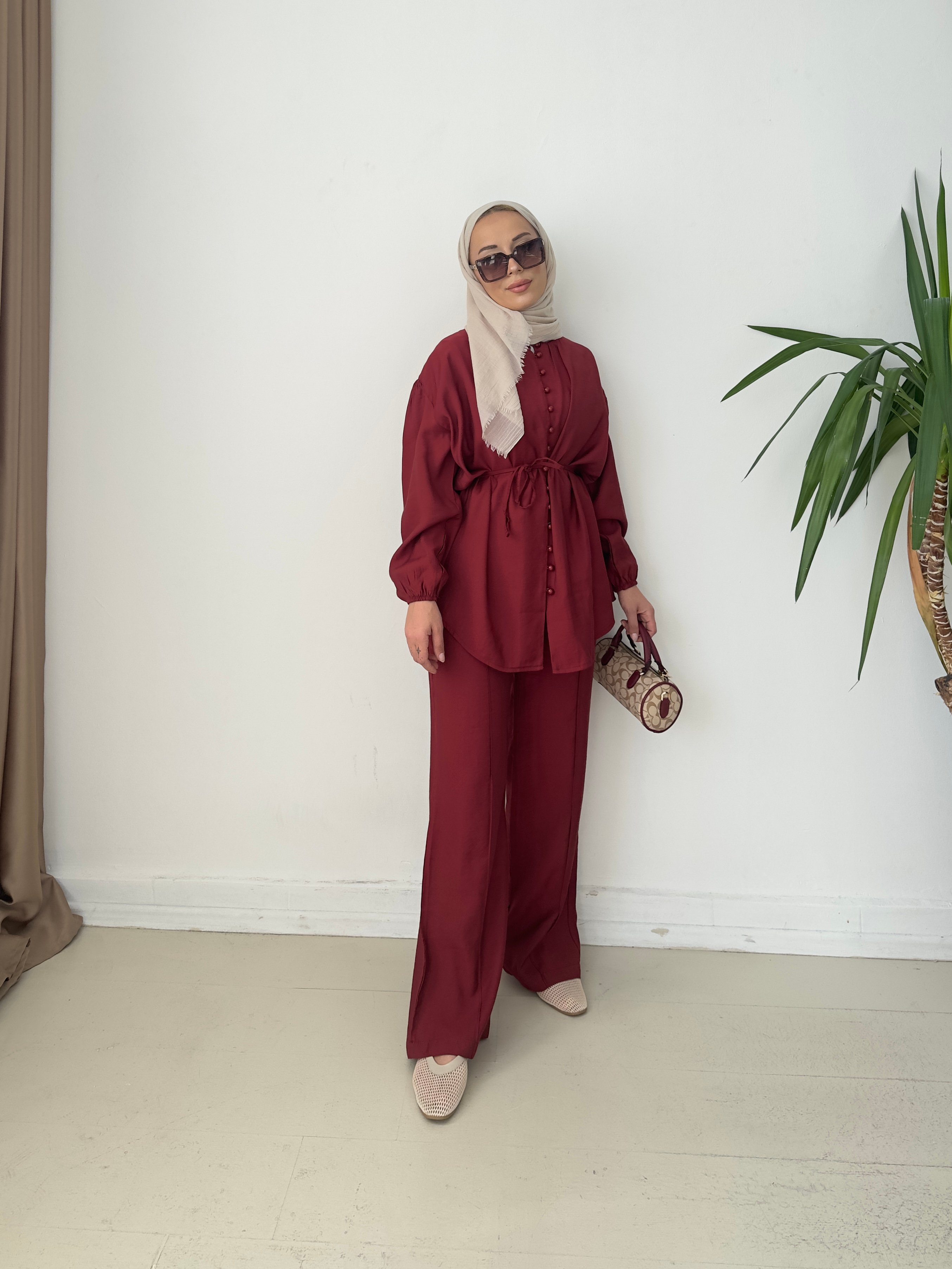 Premium Düğmeli Tensel Takım - bordo