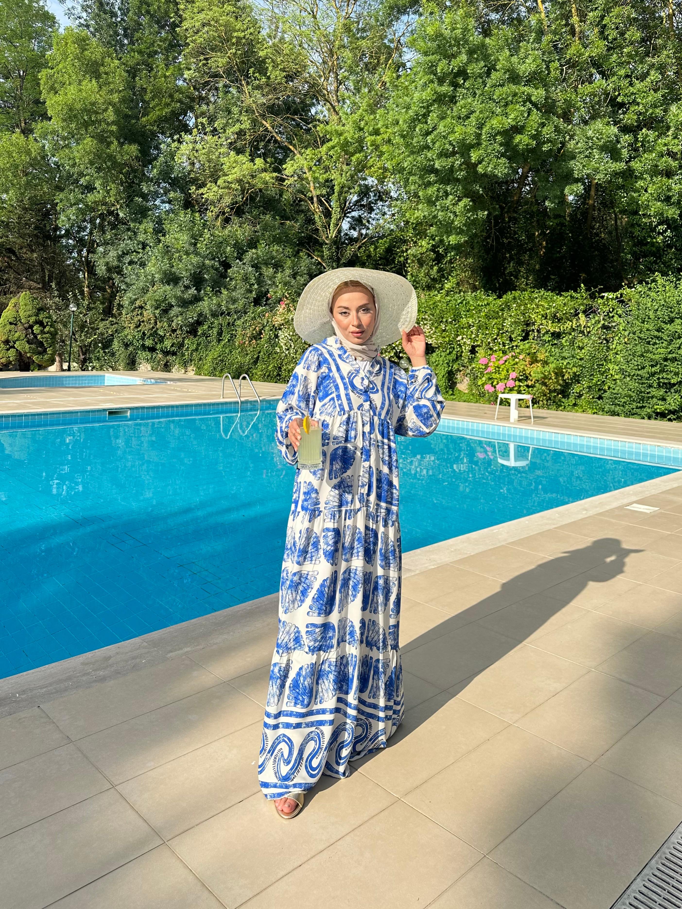 Desenli Viskon Elbise - mavi