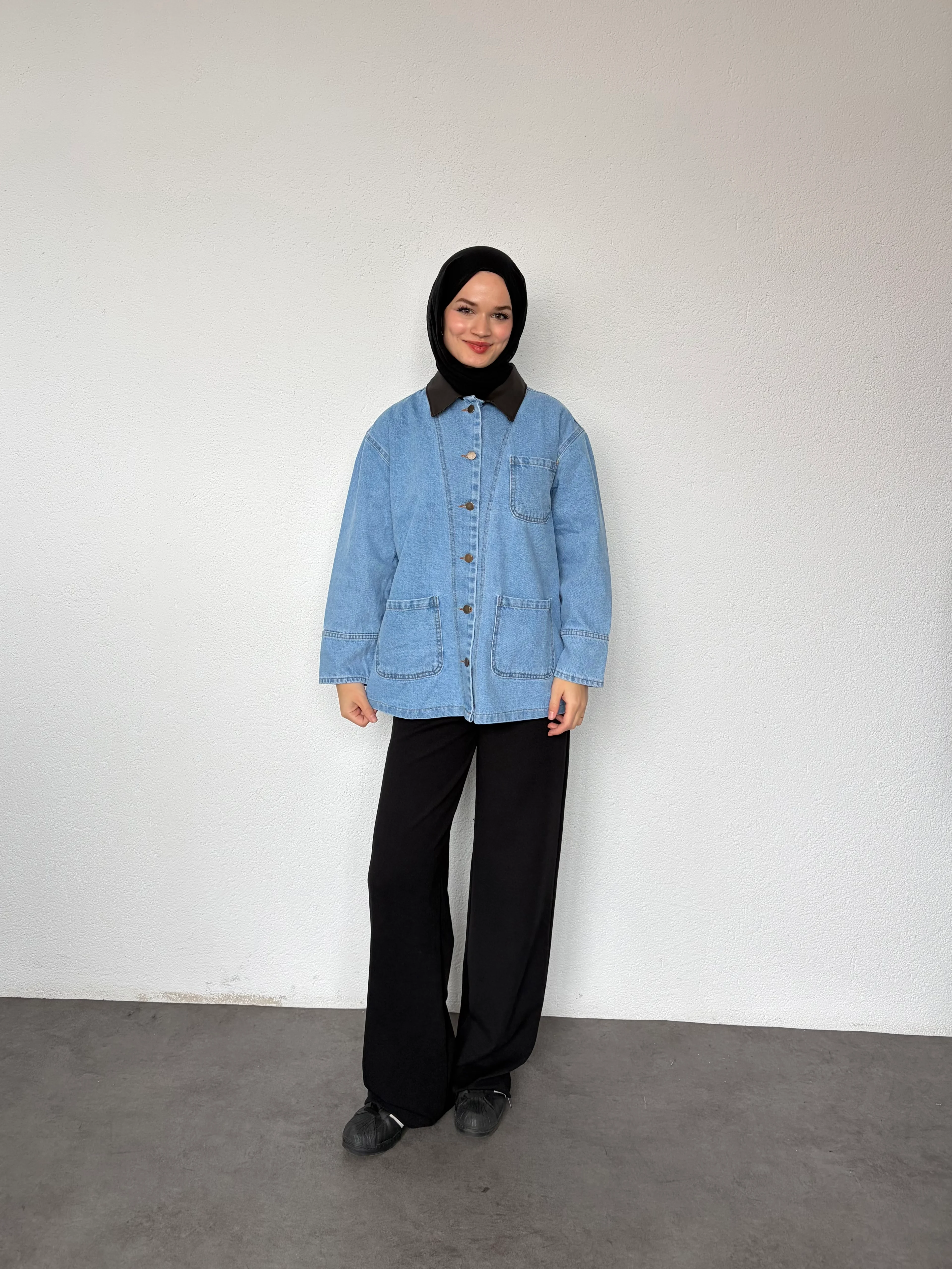 Deri Yaka Detaylı Kot Ceket - mavi